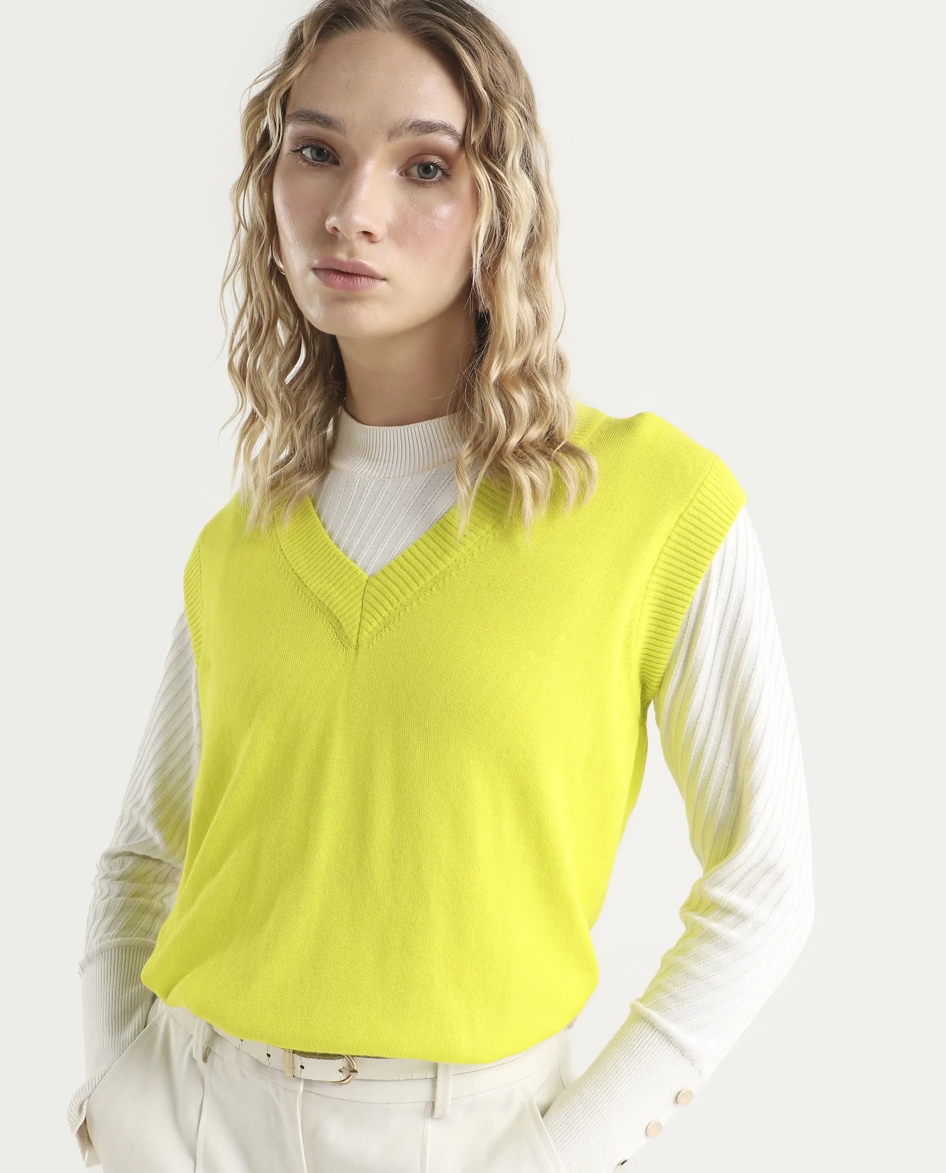 Rareism Women's Madelyn Green Cotton V-Neck Plain Sleeveless Regular Fit Sweater