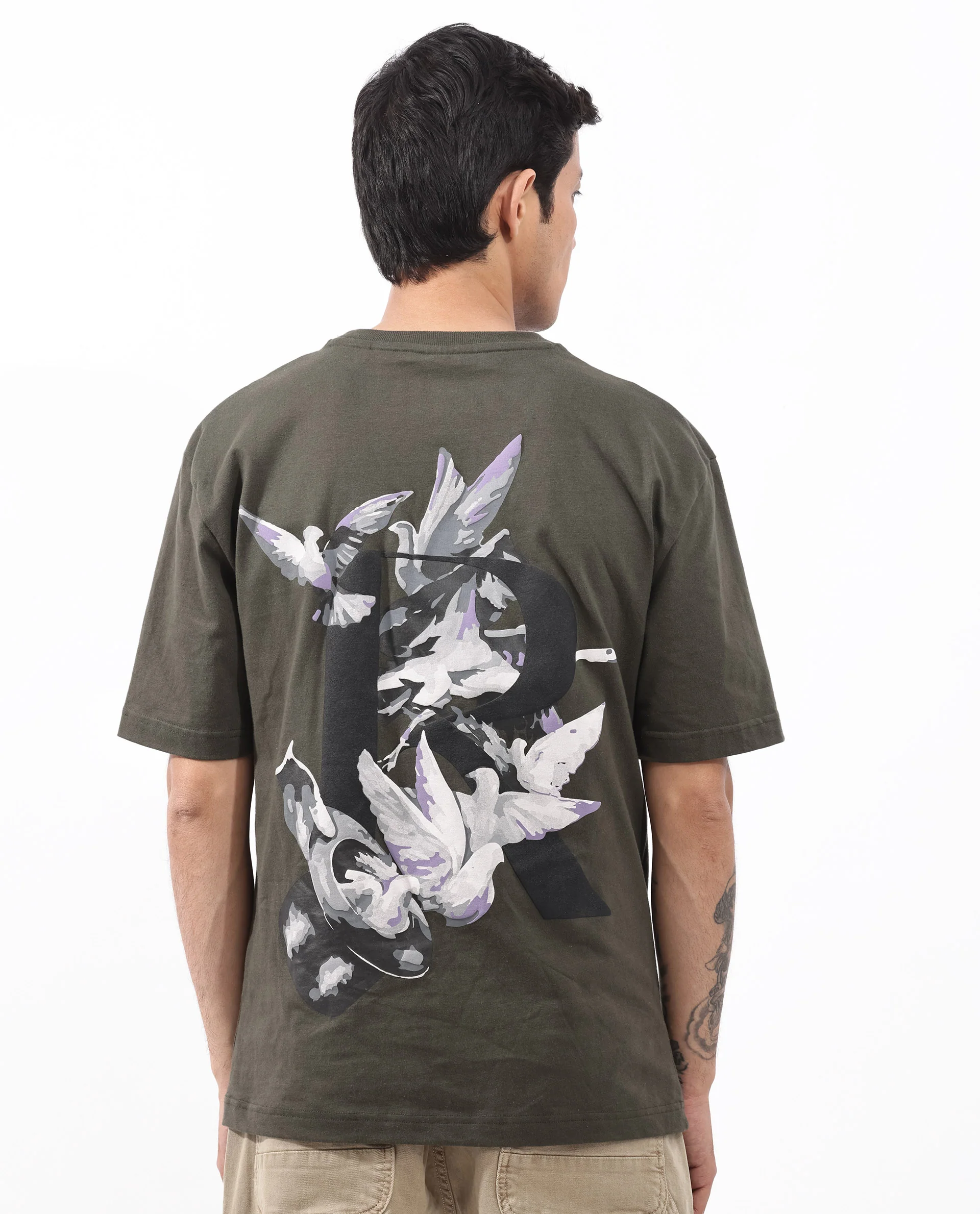 Rare Rabbit Articale Men's Magiq Olive Cotton Polyester Fabric Crew Neck Oversized Fit Graphic Abstract Print T-Shirt