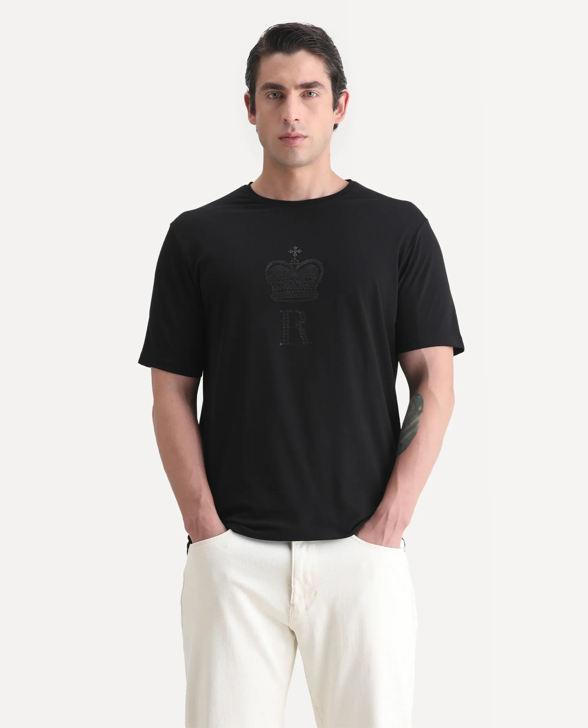Rare Rabbit Men's Maisel-25 Black Cotton Blend Hd Print Regular Fit Half Sleeve Crew Neck T-Shirt