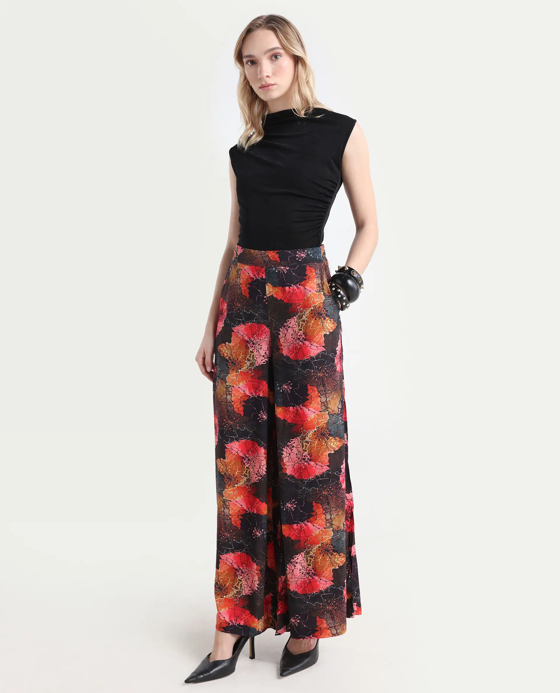 Rareism Women's Makia Multi Viscose Blend Floral Print Ankle Length Flared Trouser
