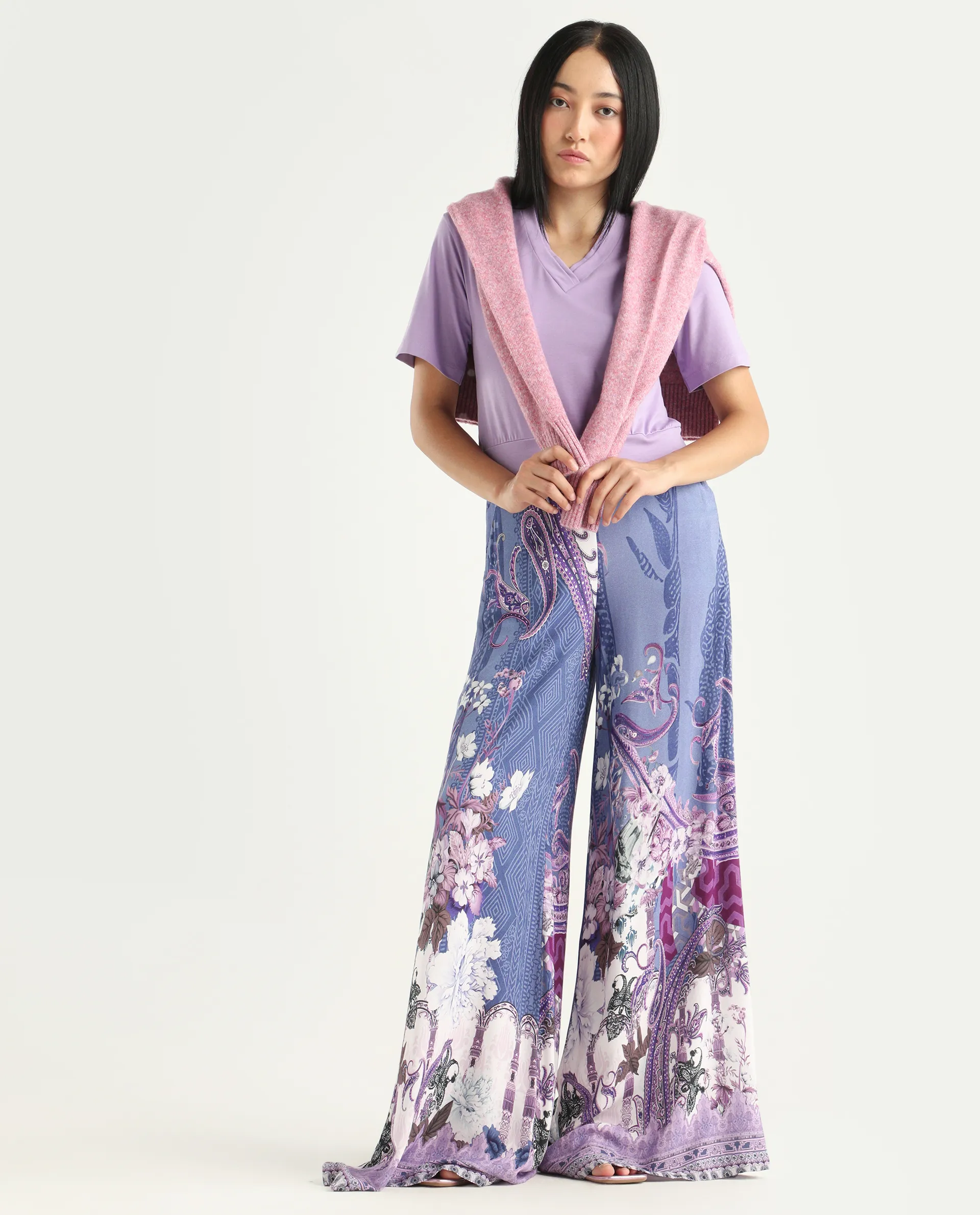 Rareism Women's Makiato Dusky Purple Viscose Blend Floral Print Ankle Length Flared Trouser