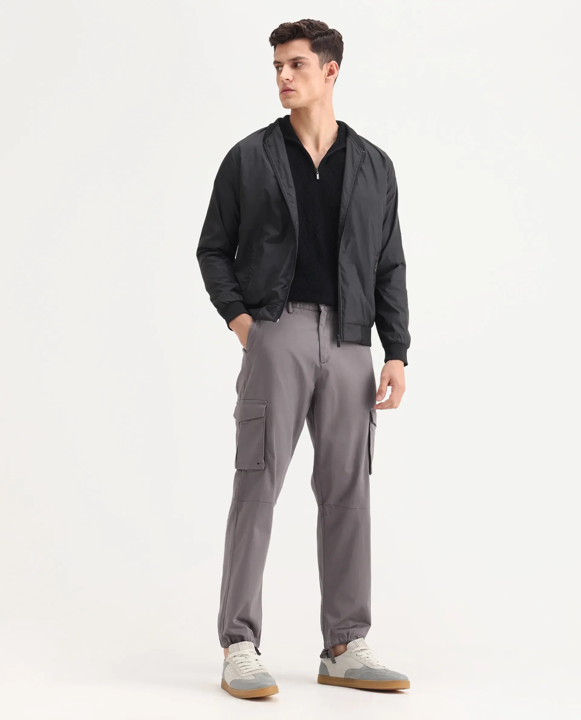 Rare Rabbit Men's Maks Dark Grey Cotton Plain Regular Fit Trouser