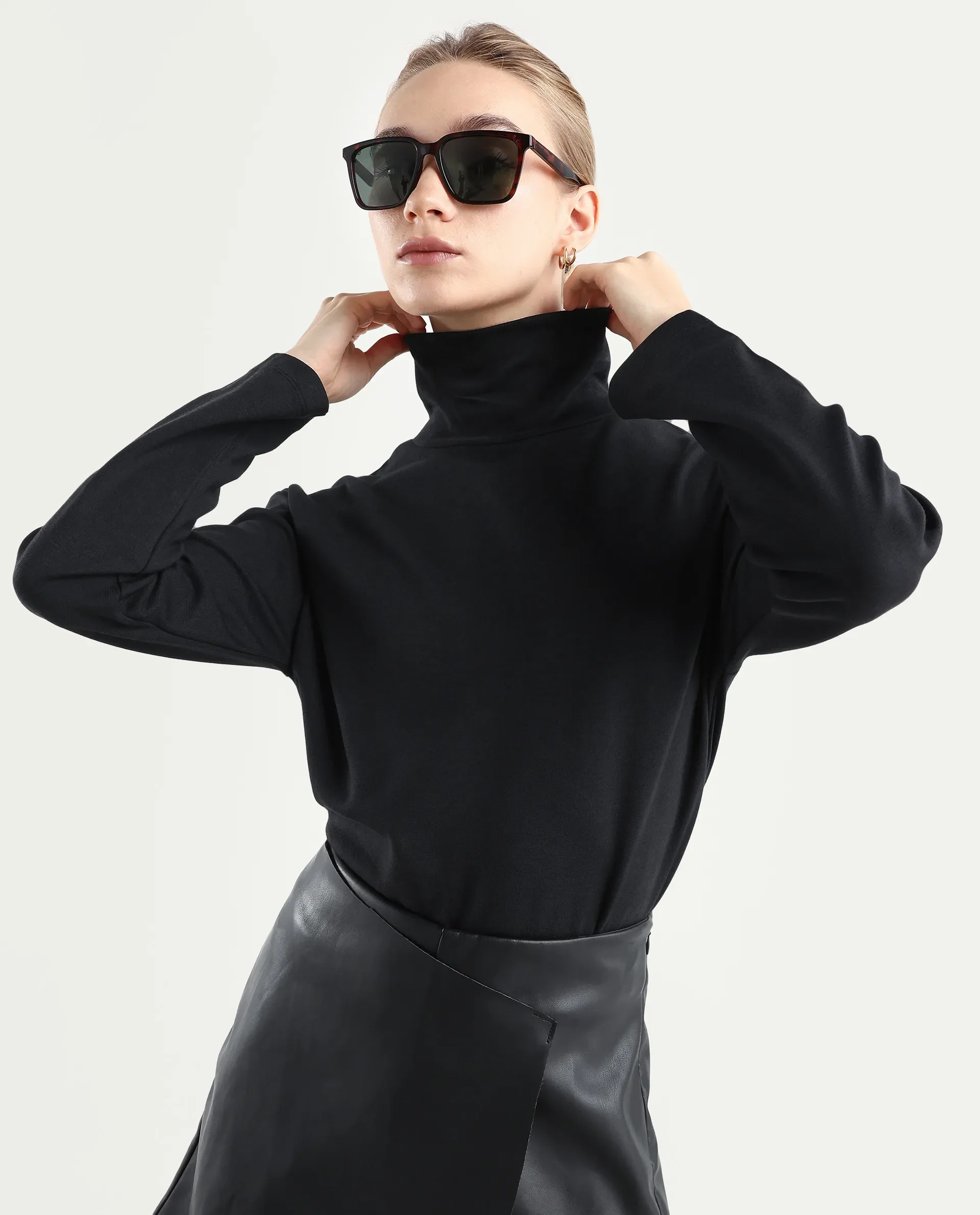 Rareism Women's Malatya Black Cotton Blend Polo Neck Plain Slim Fit Top