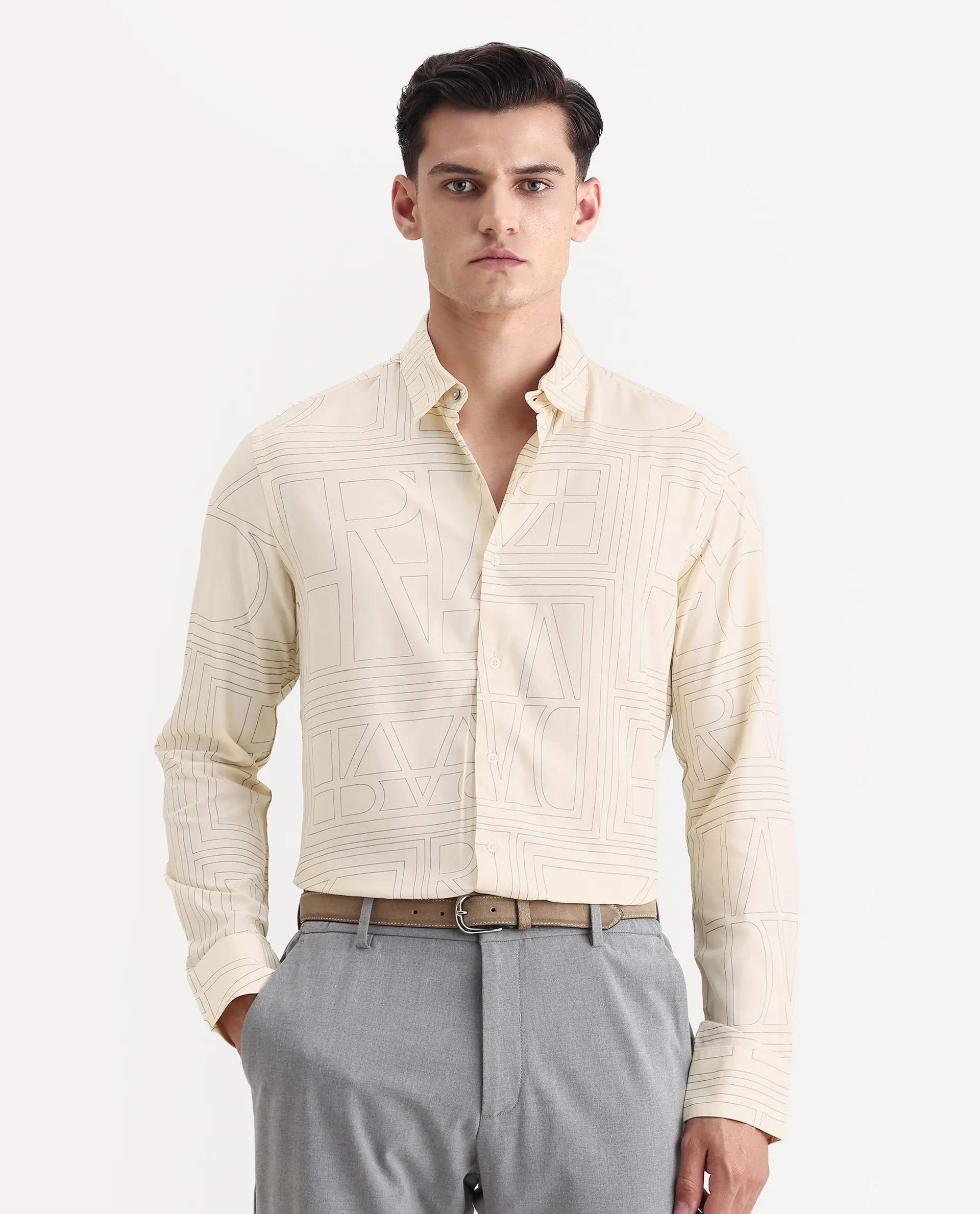 Rare Rabbit Men's Malfor Pastel Yellow Viscose Statement Print Regular Fit Full Sleeve Spread Collar Shirt