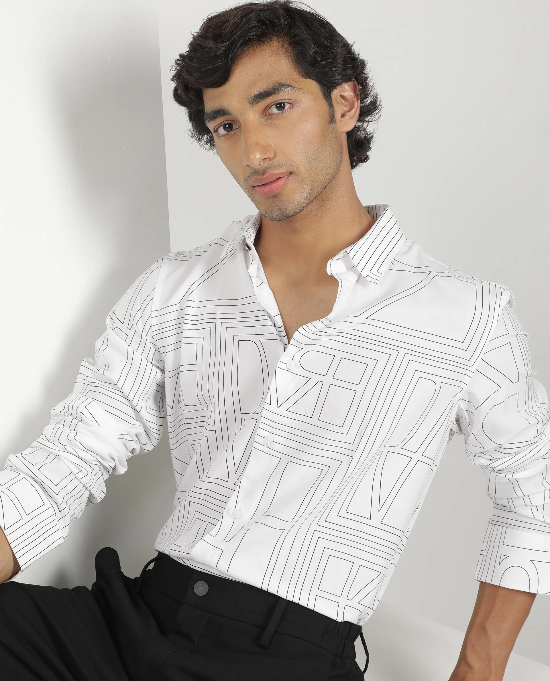 Rare Rabbit Men's Malfor White Viscose Statement Print Regular Fit Full Sleeve Spread Collar Shirt