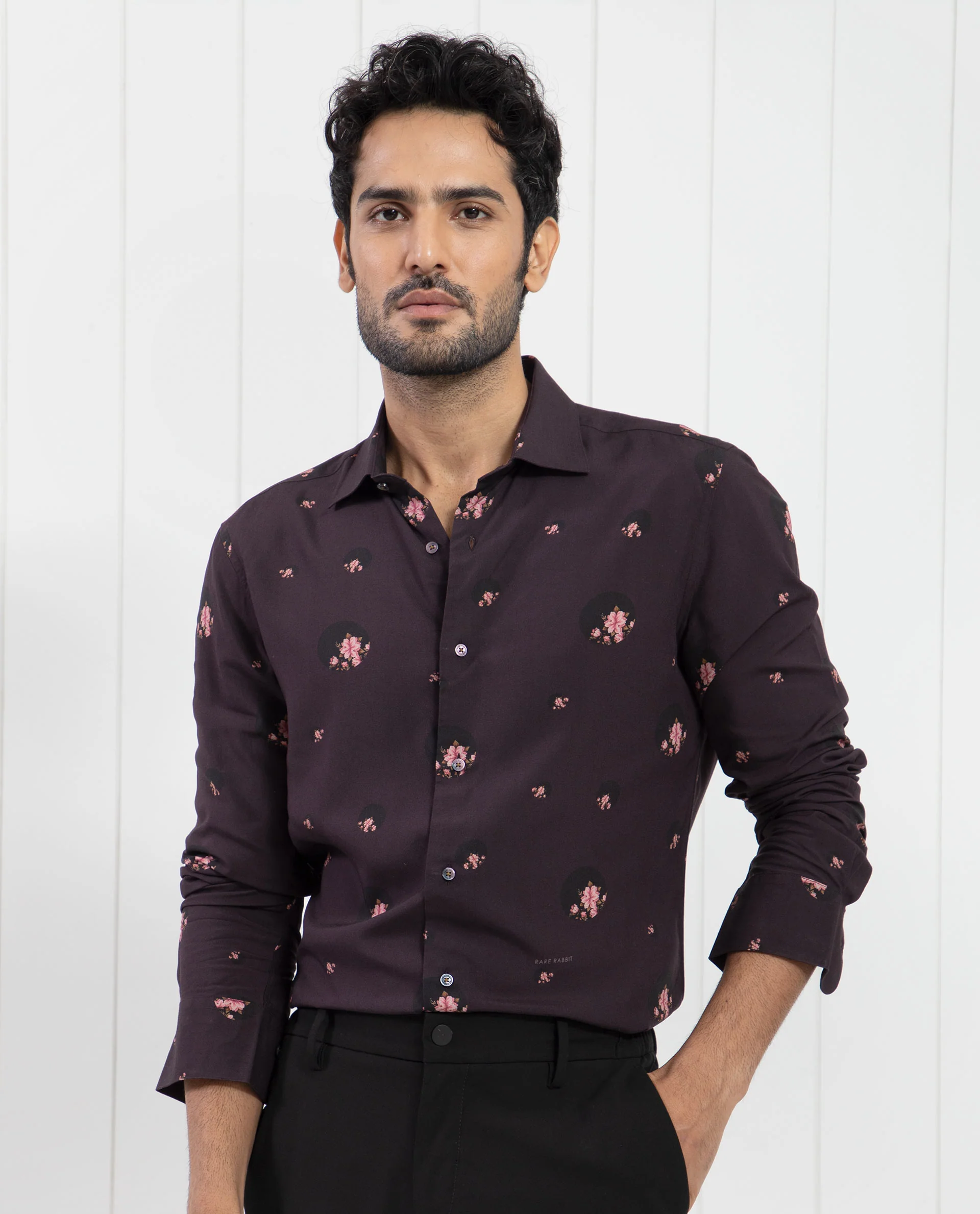 Rare Rabbit Men's Mali Dark Purple Viscose Floral Print Regular Fit Full Sleeve Collared Shirt