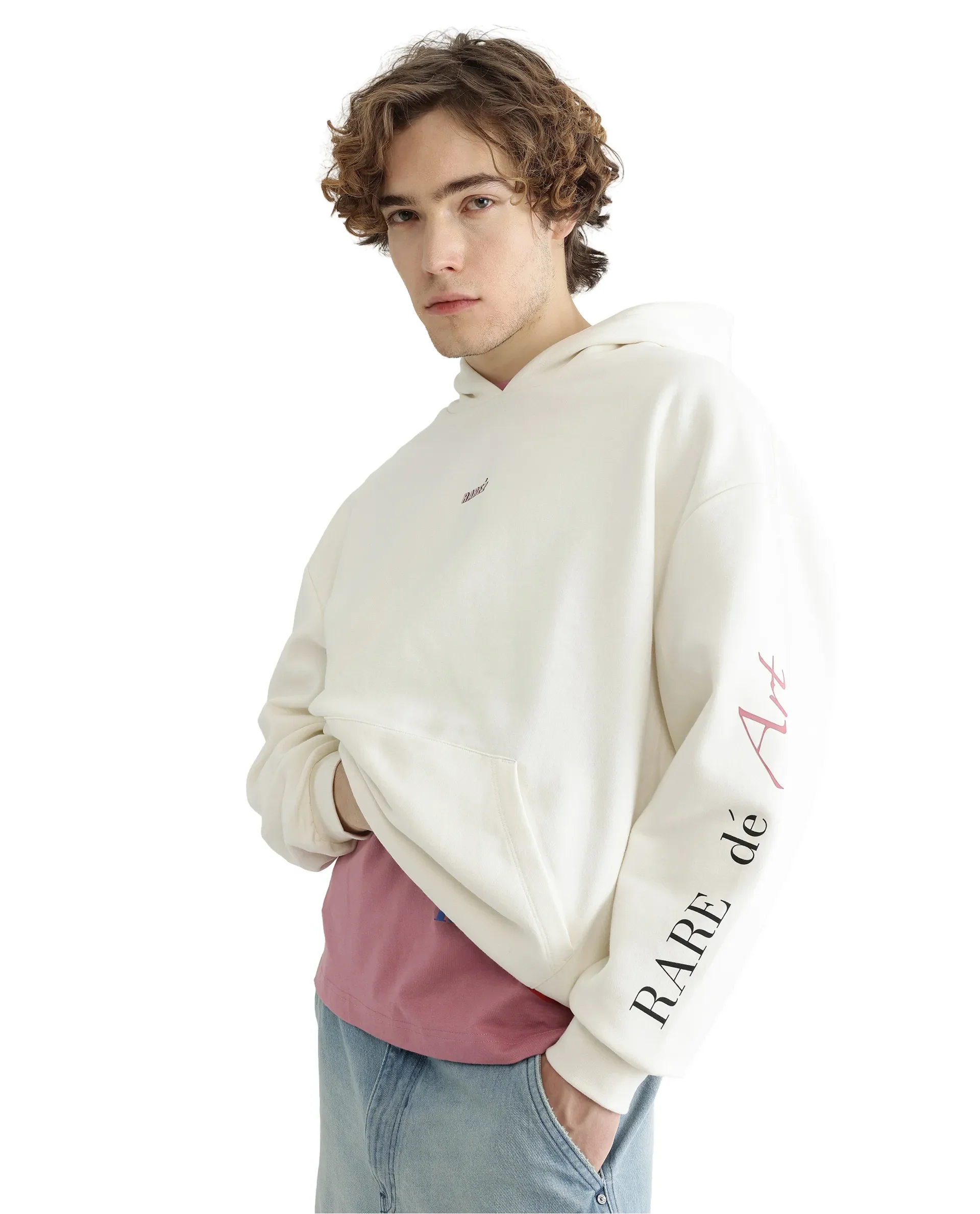 Rare Rabbit Men's Maner Off White Cotton Blend Graphic Print Boxy Fit Full Sleeve Hooded Sweatshirt