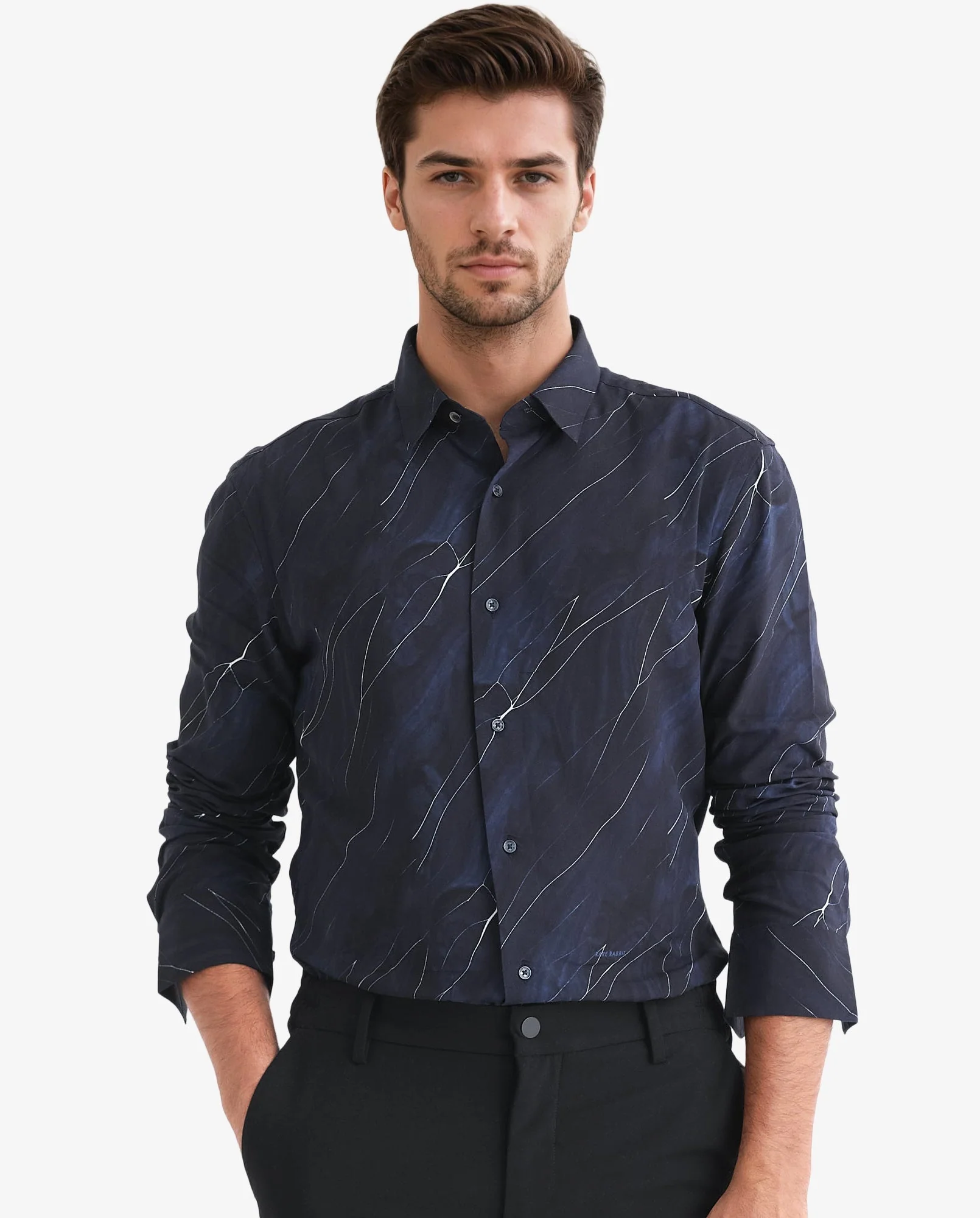 Rare Rabbit Men's Mans Navy Cotton Abstract Print Regular Fit Full Sleeve Collared Shirt