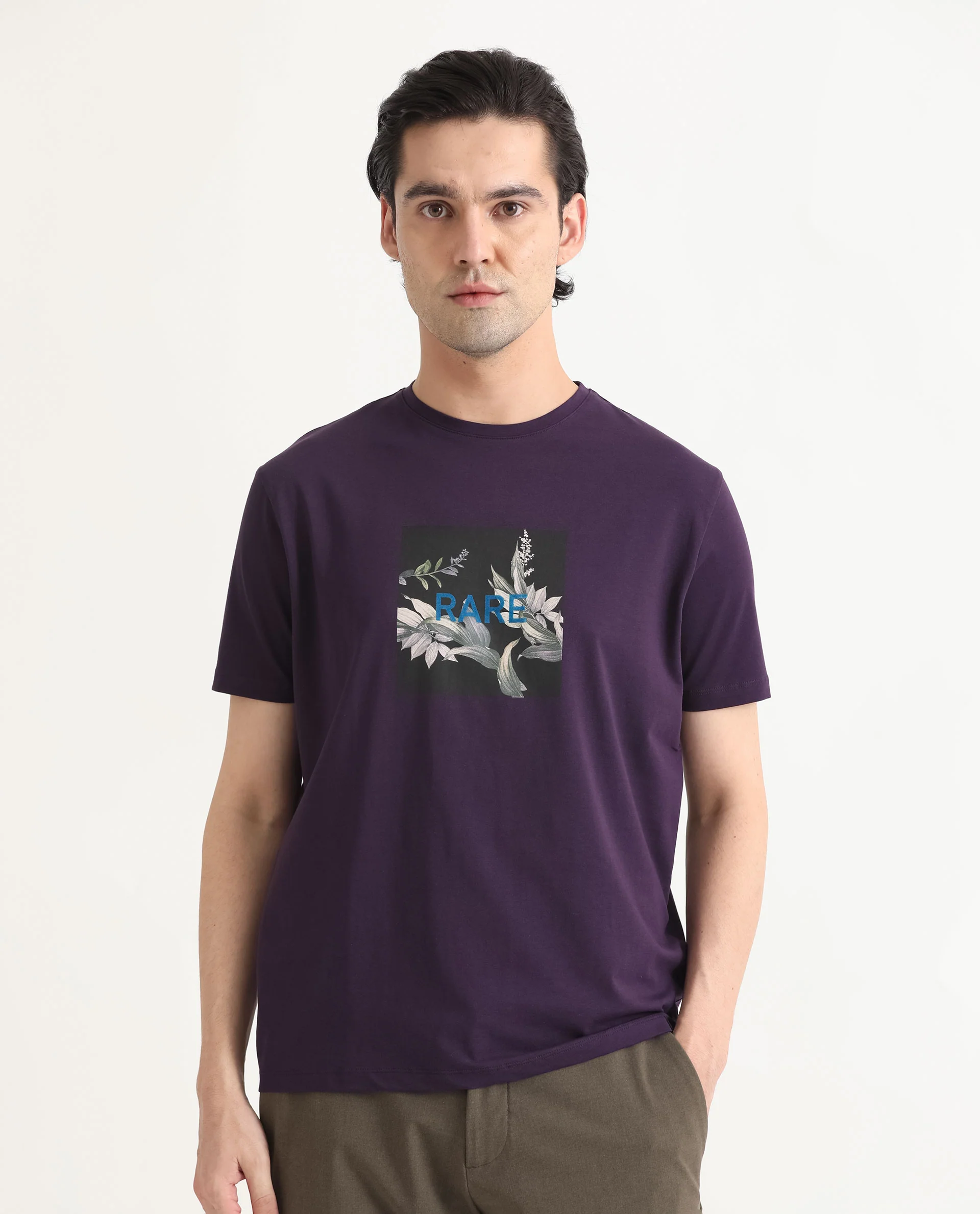 Rare Rabbit Men's Mant Purple Cotton Graphic Print Slim Fit Half Sleeve Crew Neck T-Shirt