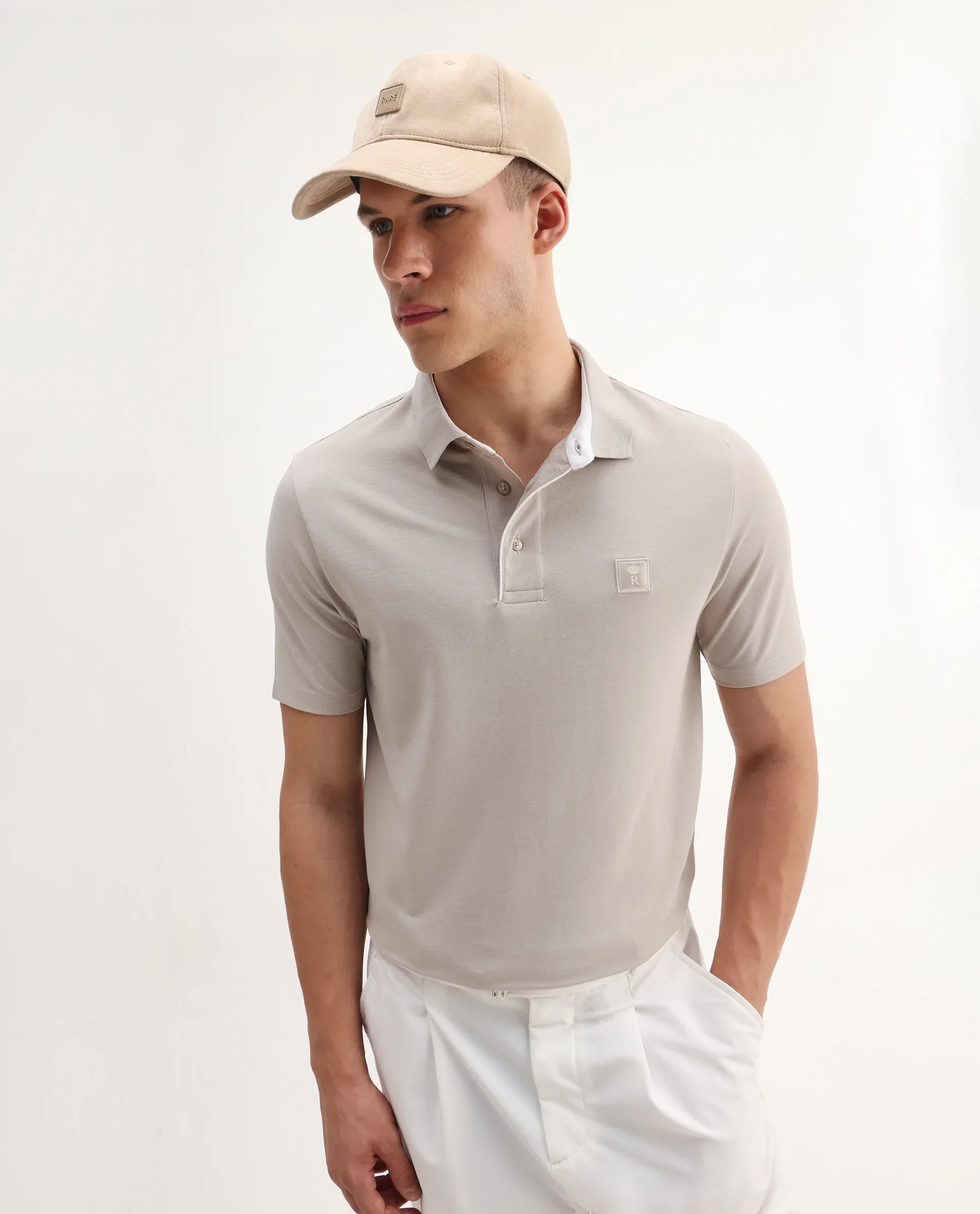 Rare Rabbit Men's Maq Beige Cotton Plain Regular Fit Half Sleeve Polo
