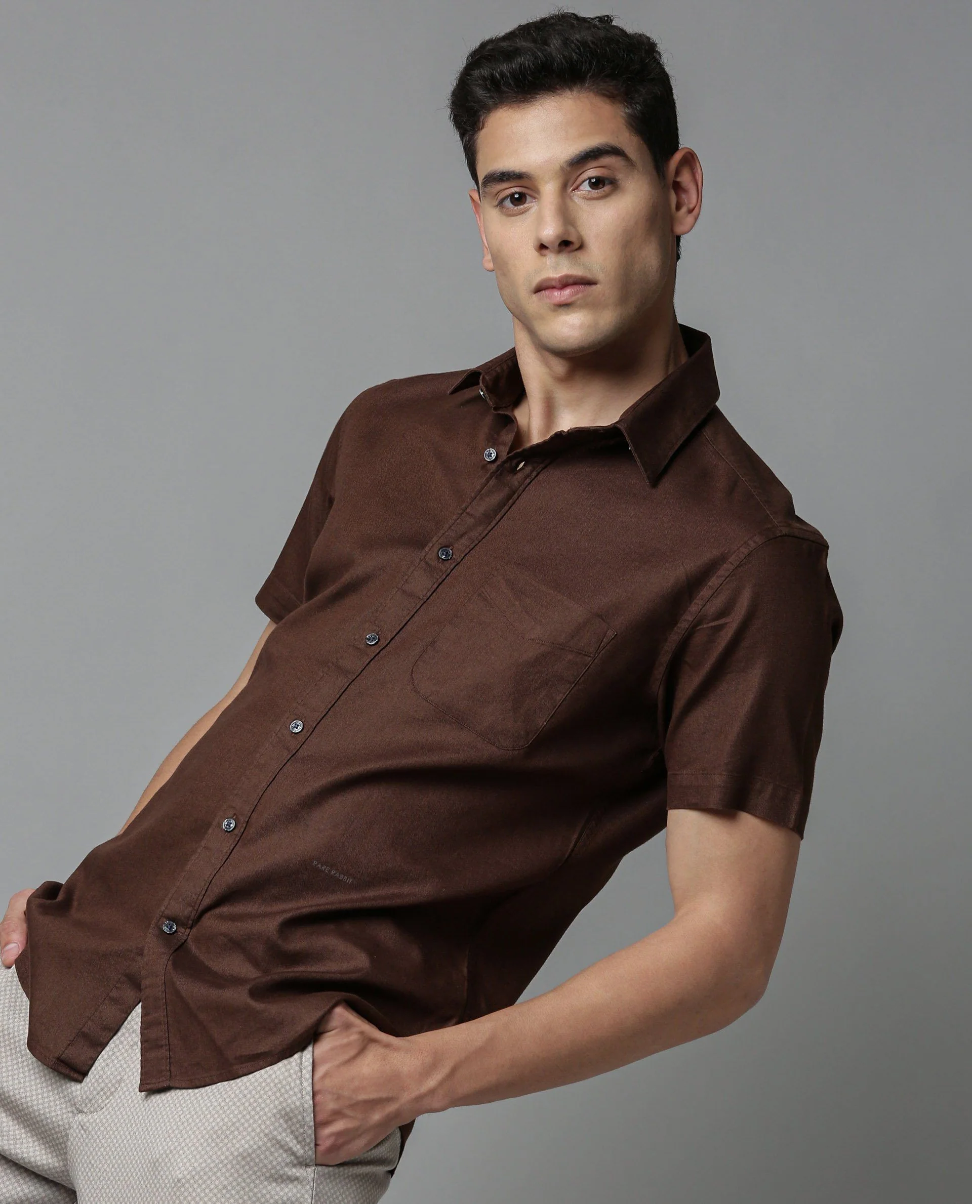 Rare Rabbit Men's Maral R Brown Cotton Plain Regular Fit Half Sleeve Spread Collar Shirt