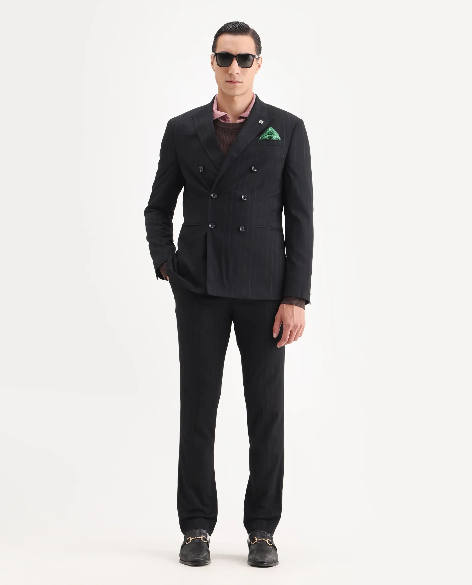 Rare Rabbit Men's Markus Black Polyester Plain Tailored Fit Full Sleeve Lapel Neck Suits