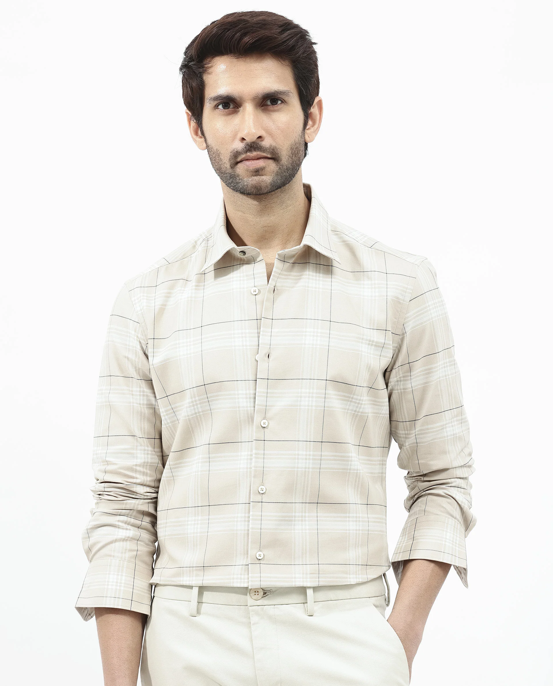 Rare Rabbit Men's Marron Beige Cotton Checked Print Regular Fit Full Sleeve Collared Shirt