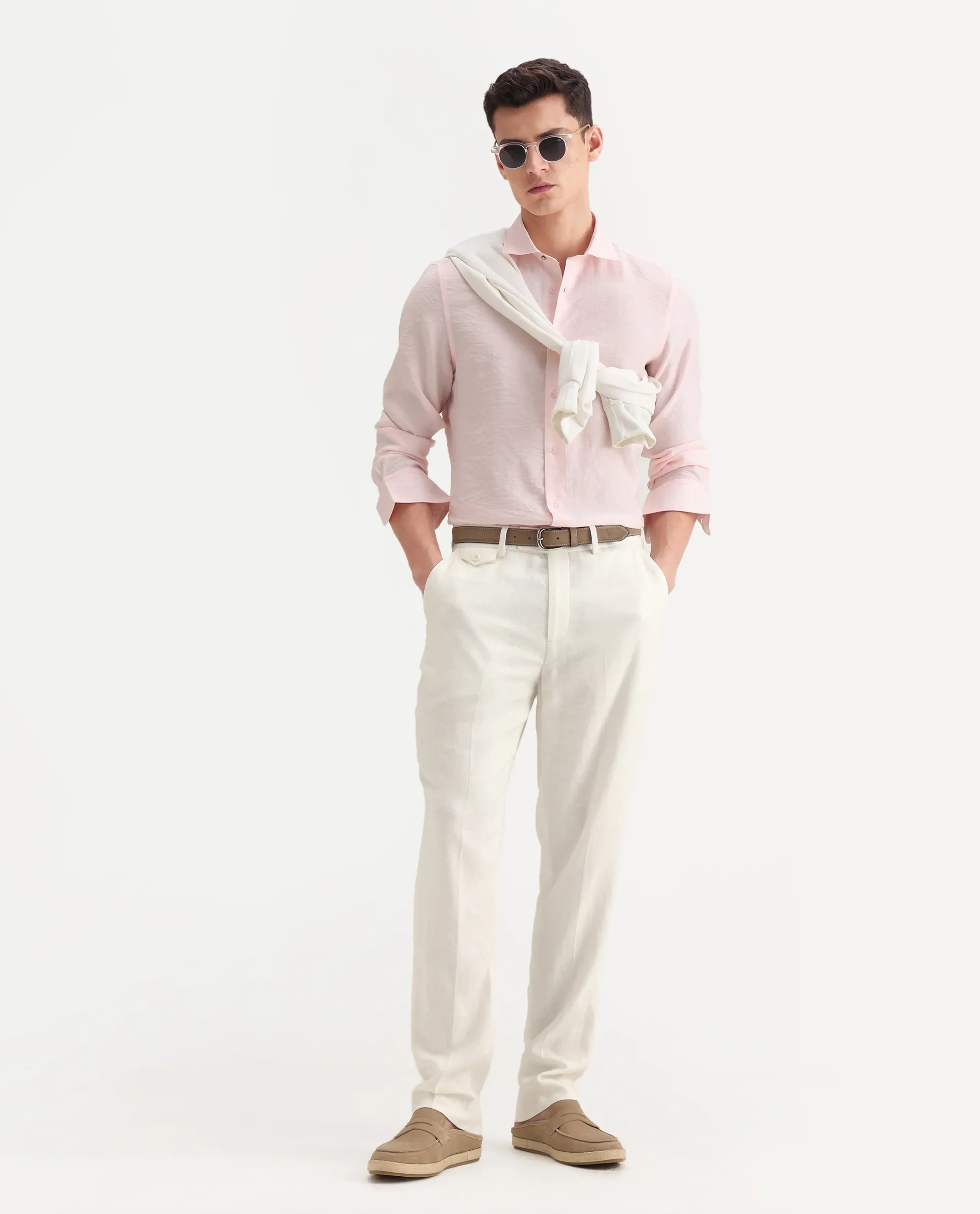 Rare Rabbit Men's Masoni-B Off White Linen Blend Plain Relaxed Fit Trouser