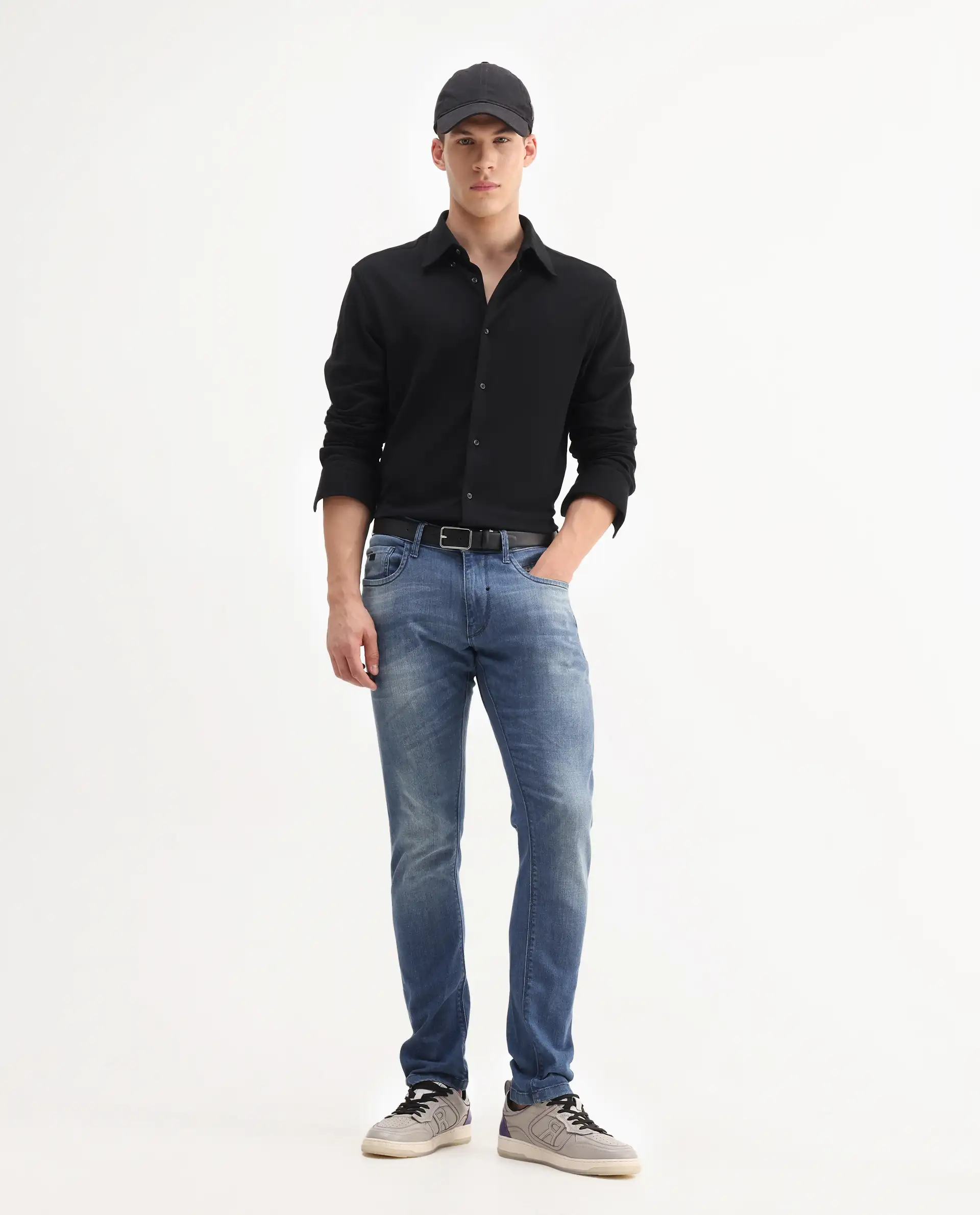 Rare Rabbit Men's Matt Blue Cotton Plain Morris Regular Fit Jeans