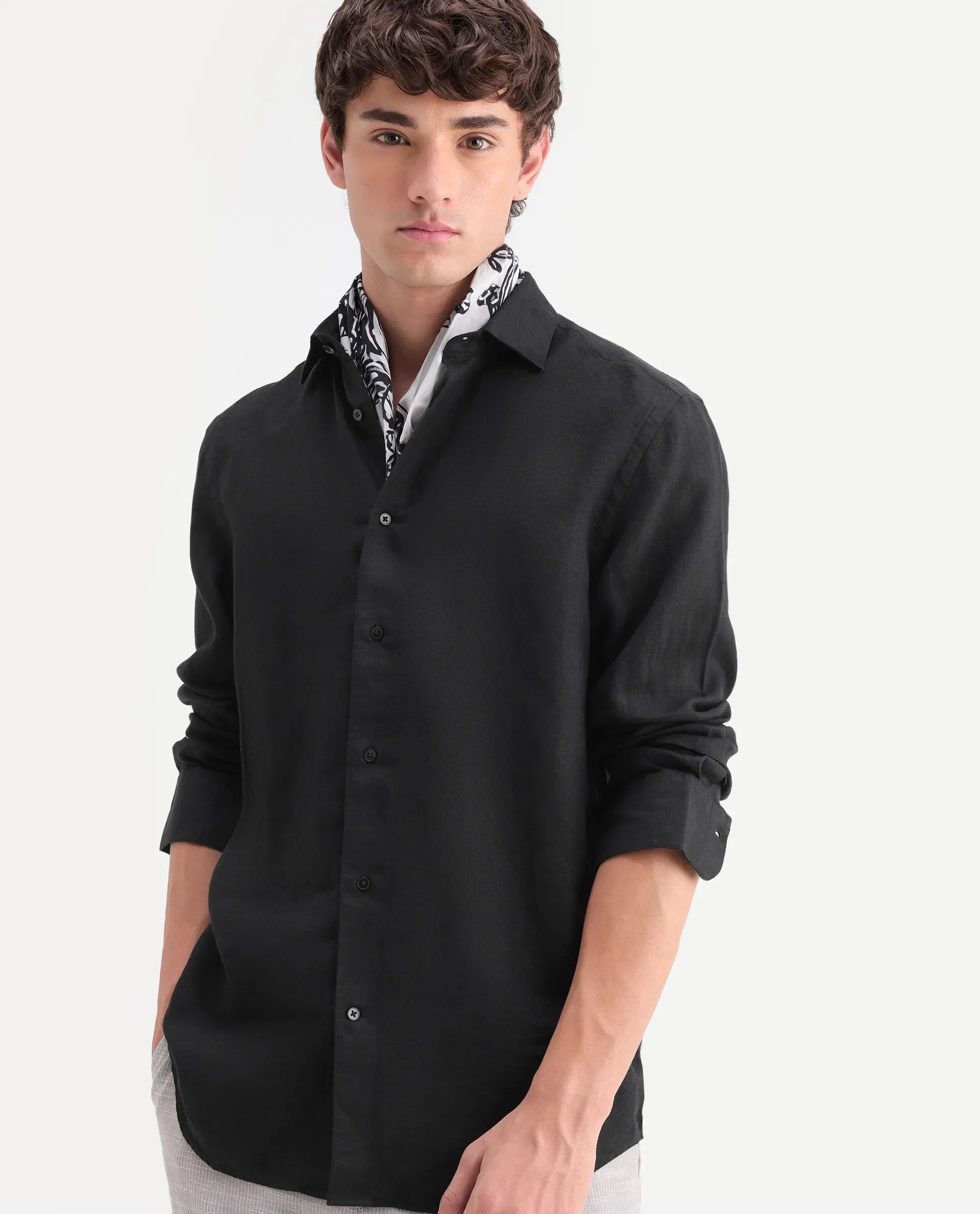 Rare Rabbit Men's Mavi-Aw26 Black 100% Linen Spread Collar Regular Plain Shirt