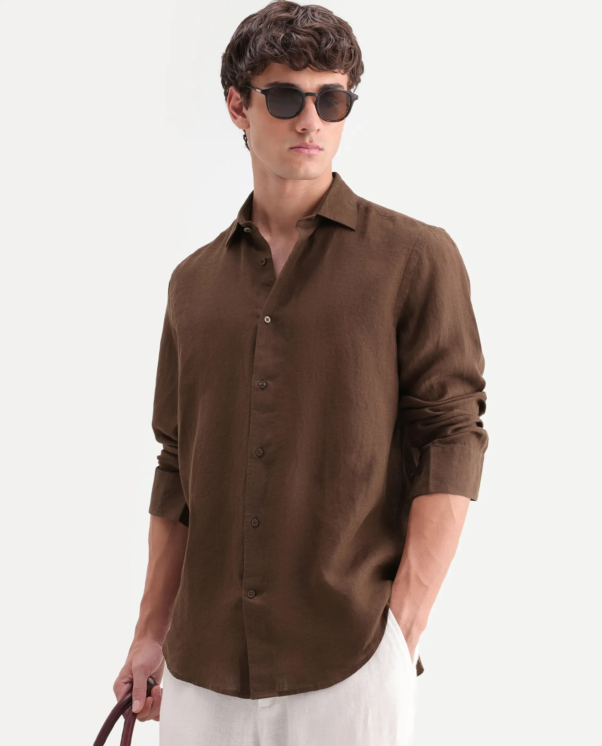 Rare Rabbit Men's Mavi-Aw26 Brown 100% Linen Spread Collar Regular Fit Plain Shirt