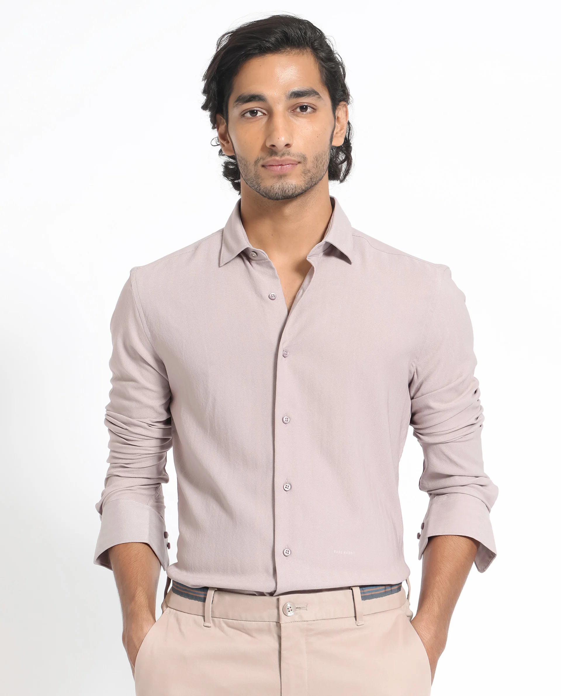 Rare Rabbit Men's Me Pastel Purple Polyester Plain Regular Fit Full Sleeve Collared Shirt