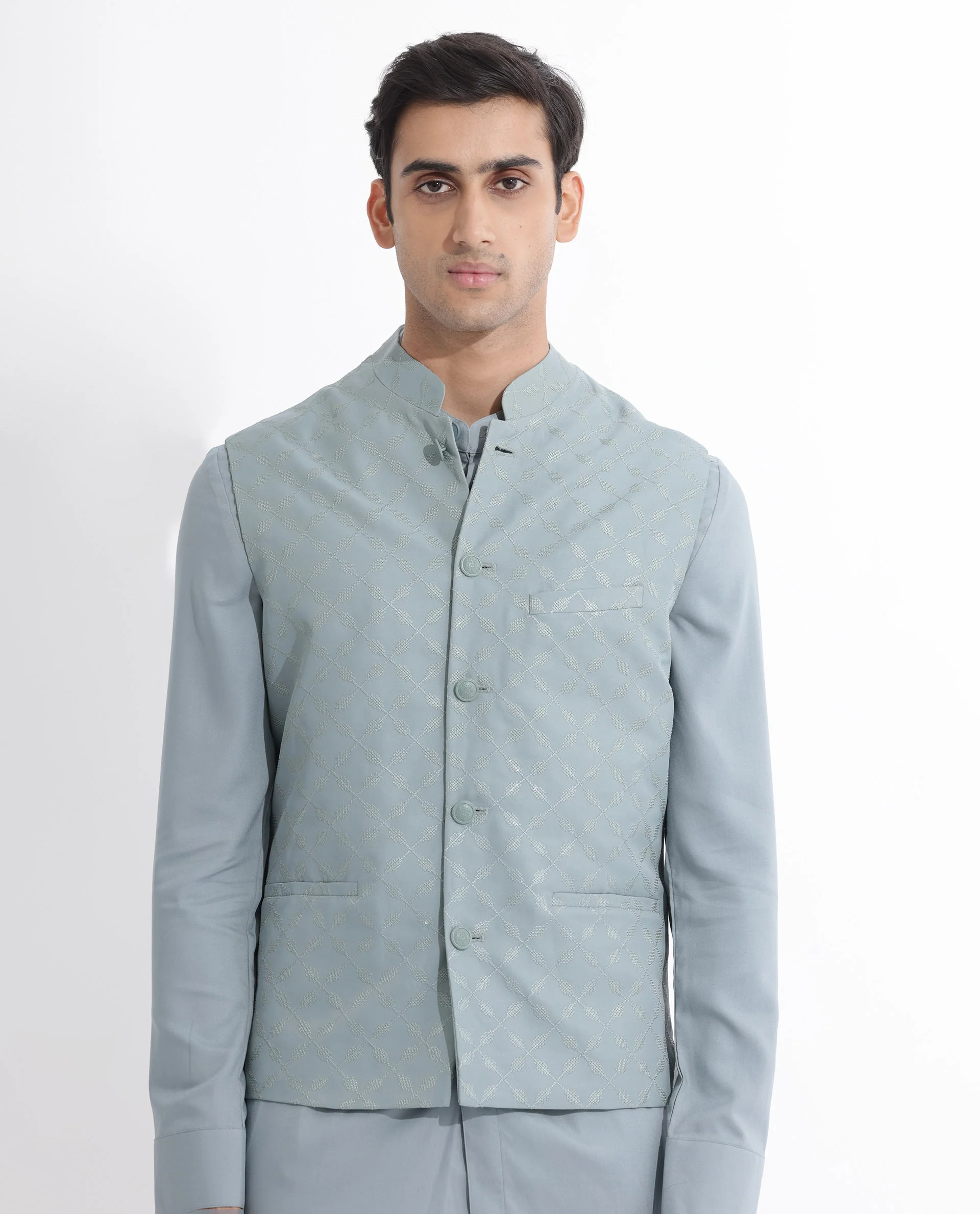 Rare Rabbit Men's Medob Dusky Green Viscose Embroidered Tailored Fit Sleeveless Mandarin Collar Bandhgala Rare Rabbit Men's Lasmos-B1 Beige Viscose Embroidered Regular Fit Sleeveless Mandarin Collar Bandhgala Nehru Jacket