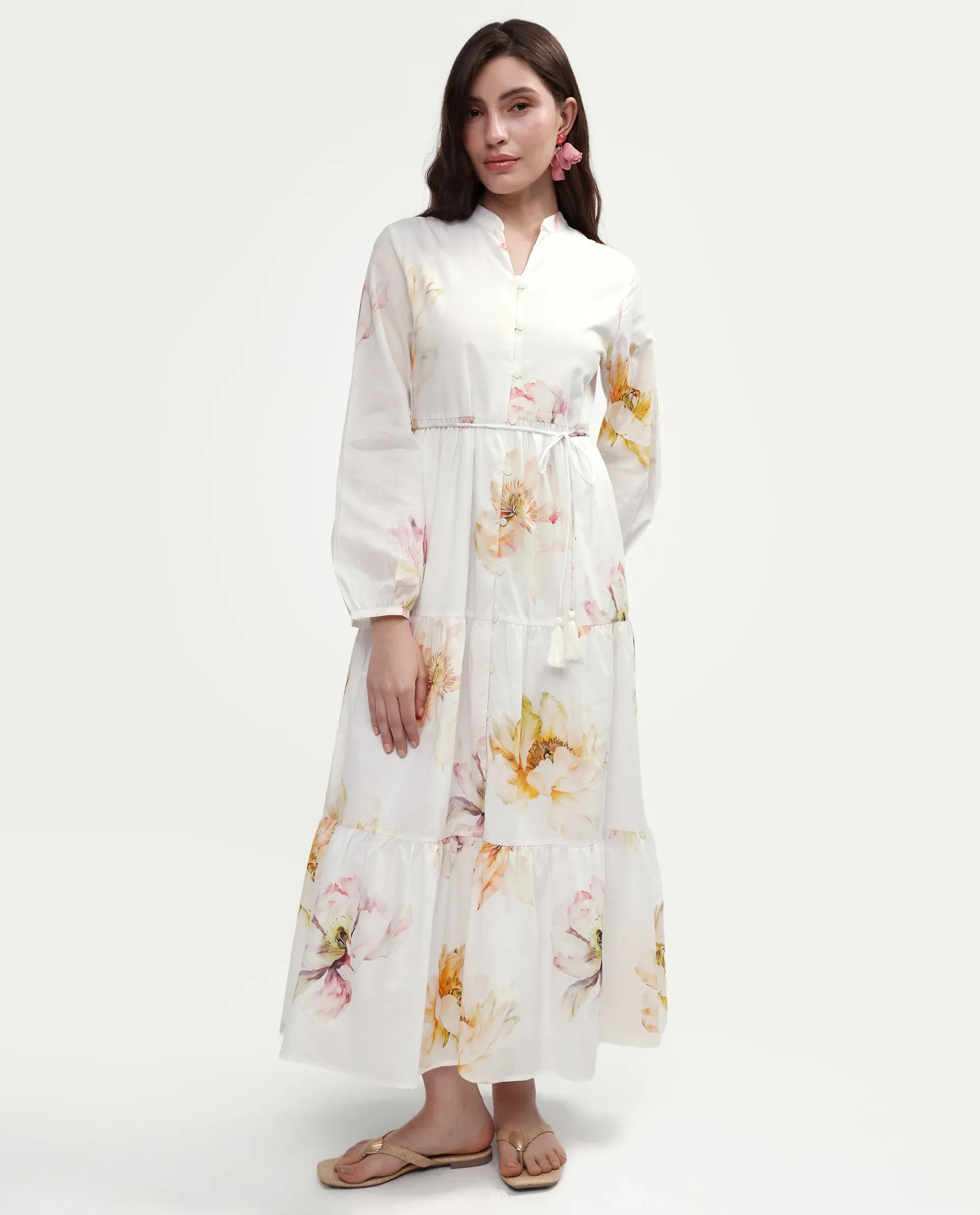 Rareism Women's Mehik Off White Cotton Full Sleeve Mandarin Collar Tiered Floral Print Dress