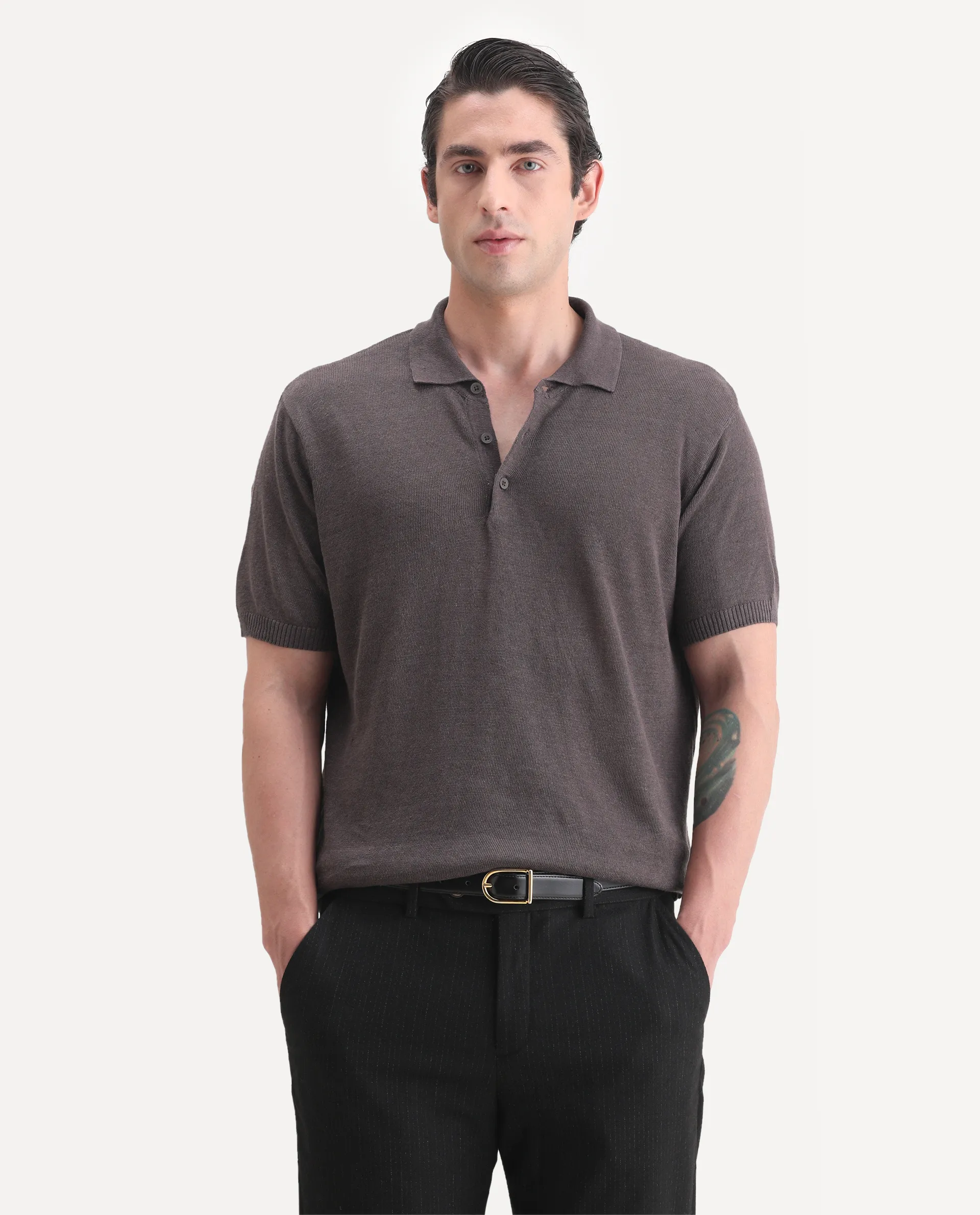 Rare Rabbit Men's Mekko-25 Dark Brown Cotton Blend Plain Regular Fit Half Sleeve Polo