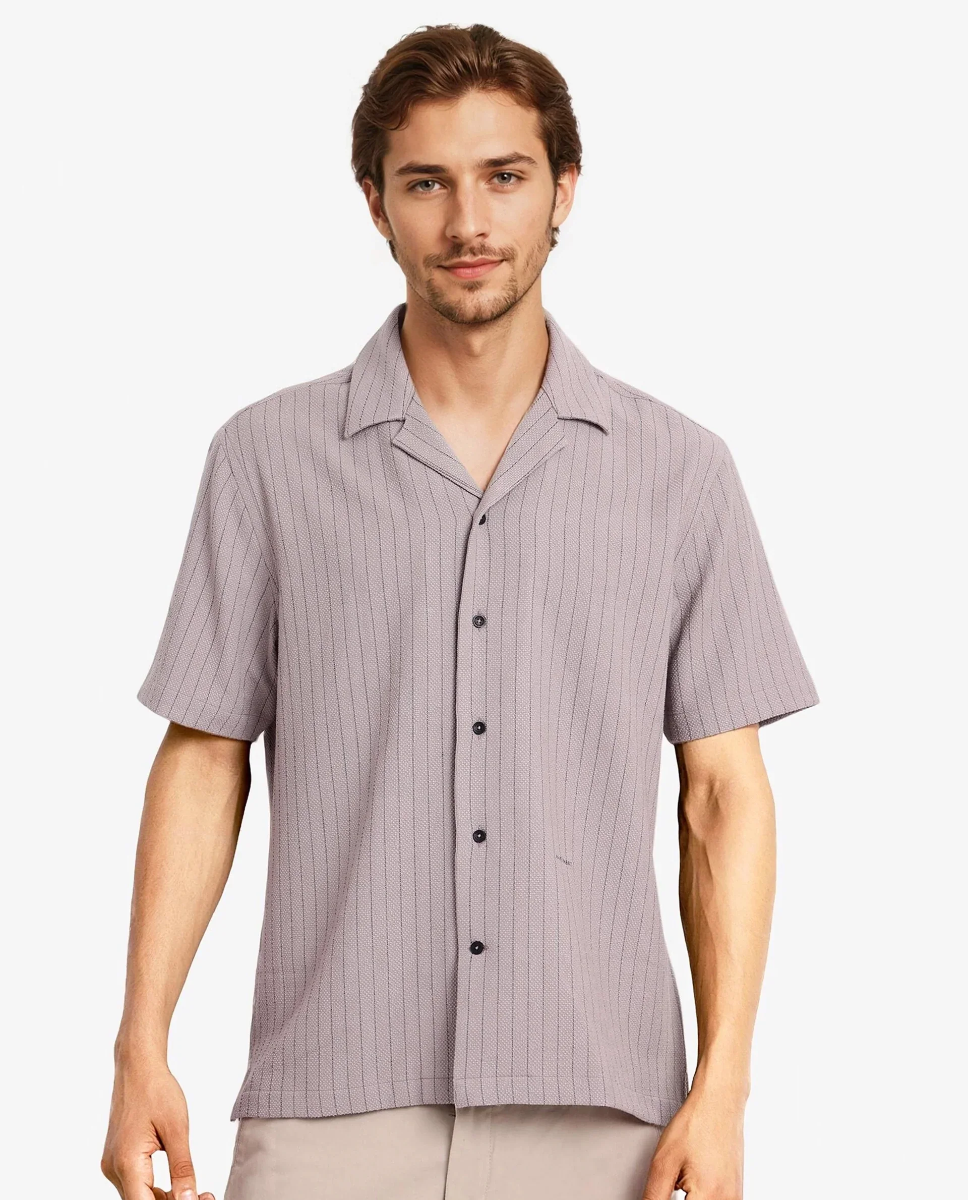 Rare Rabbit Men's Melon Dusky Purple Cotton Striped Print Boxy Fit Half Sleeve Cuban Collar Shirt