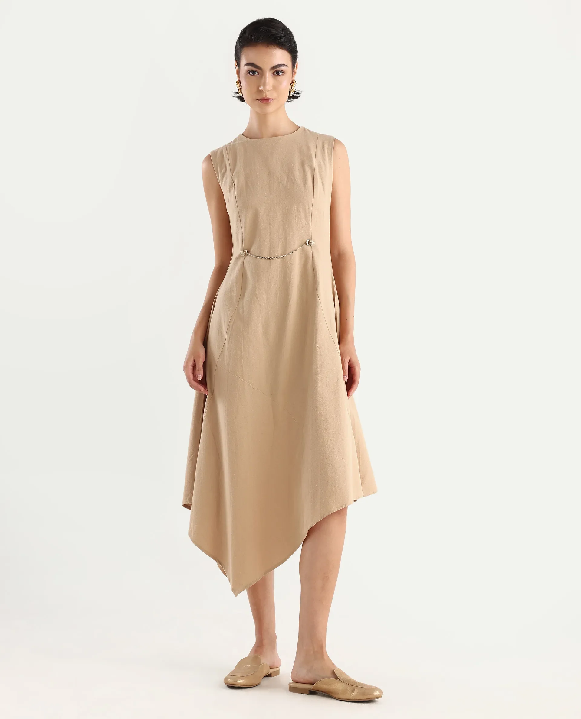 Rareism Women's Melrick Beige Cotton Crew Neck Plain Sleeveless Maxi A-Line Dress