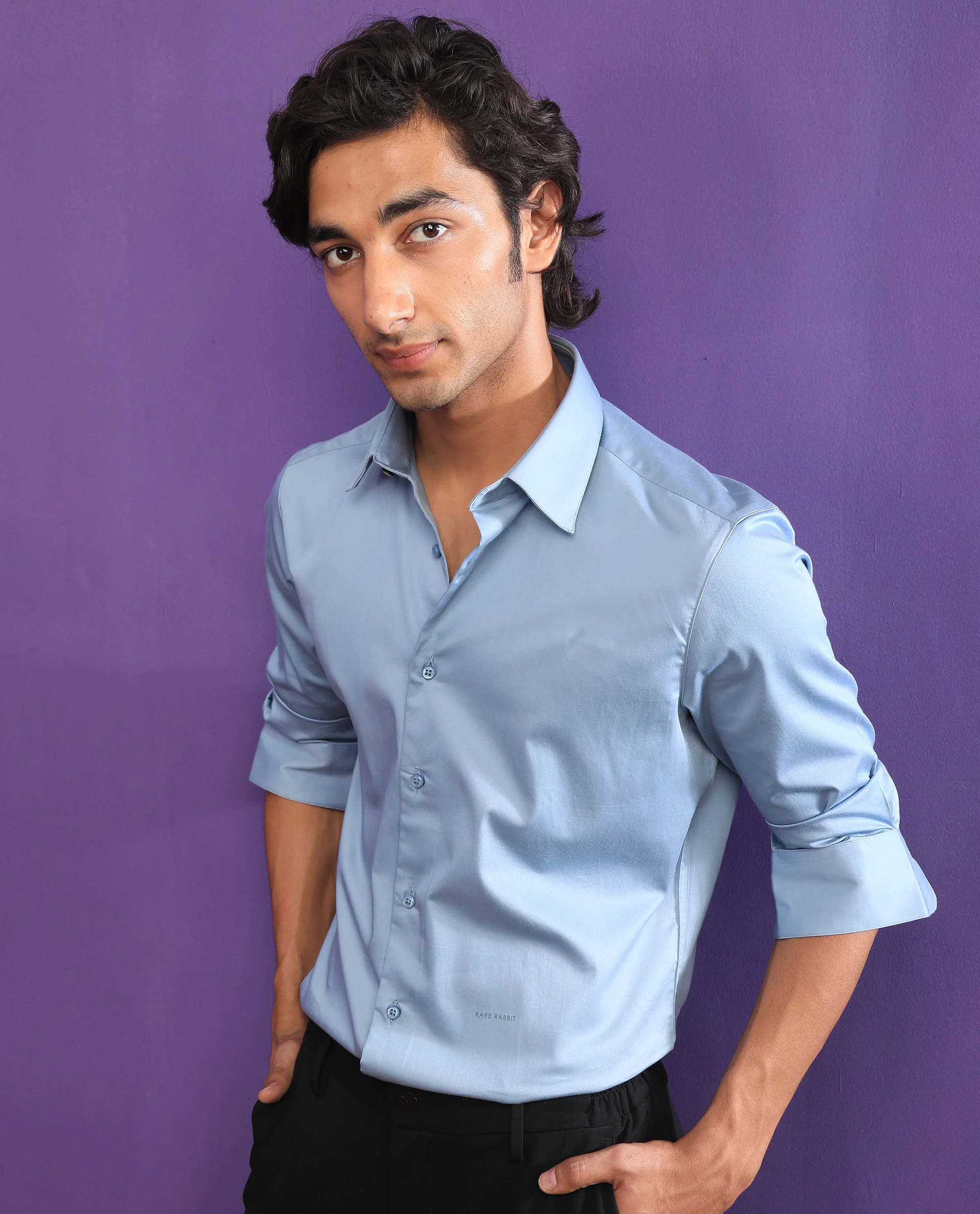 Rare Rabbit Men's Melton Light Blue Cotton Plain Tailored Fit Full Sleeve Collared Shirt