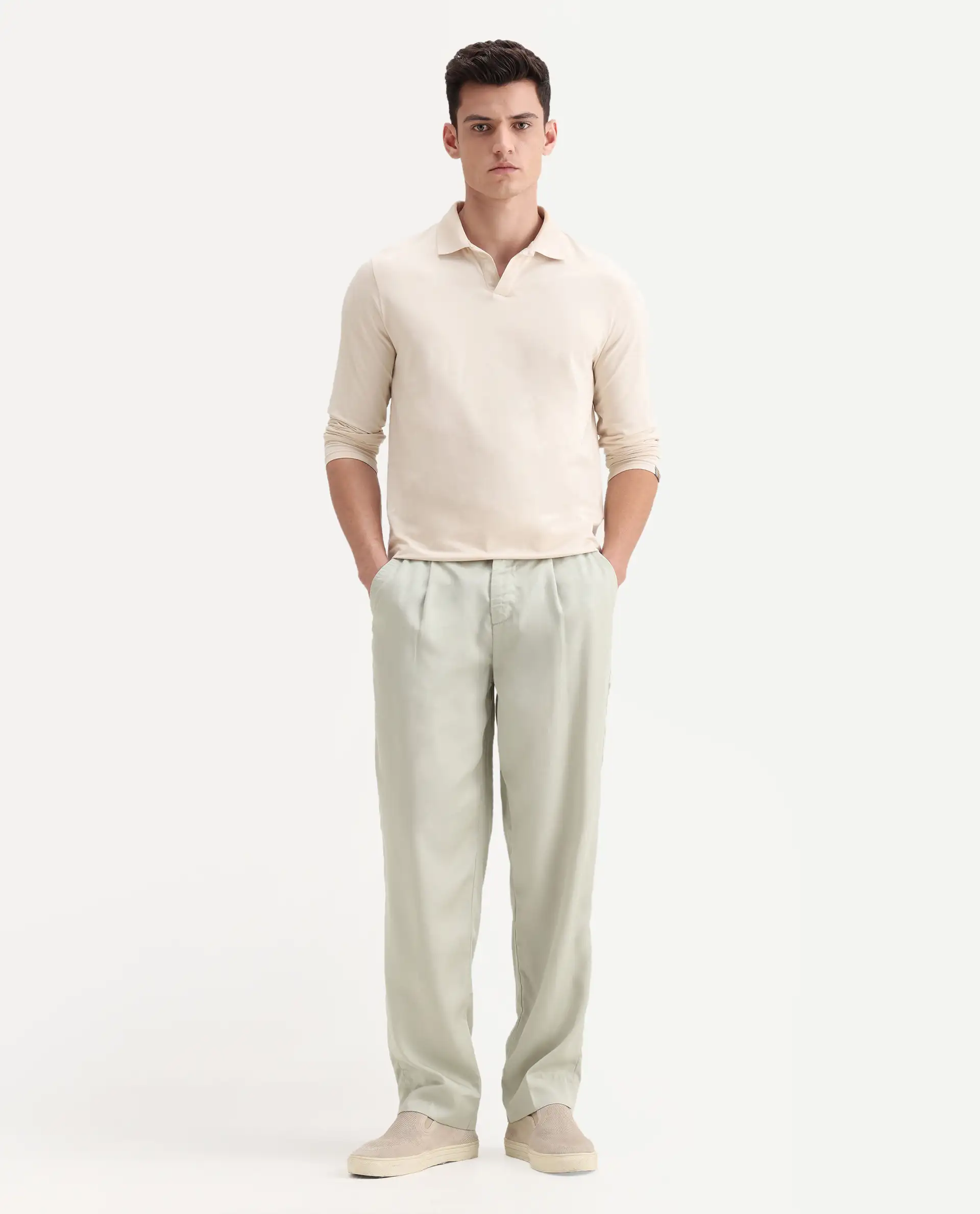 Rare Rabbit Men's Memos Light Green Tencel Plain Regular Fit Trouser