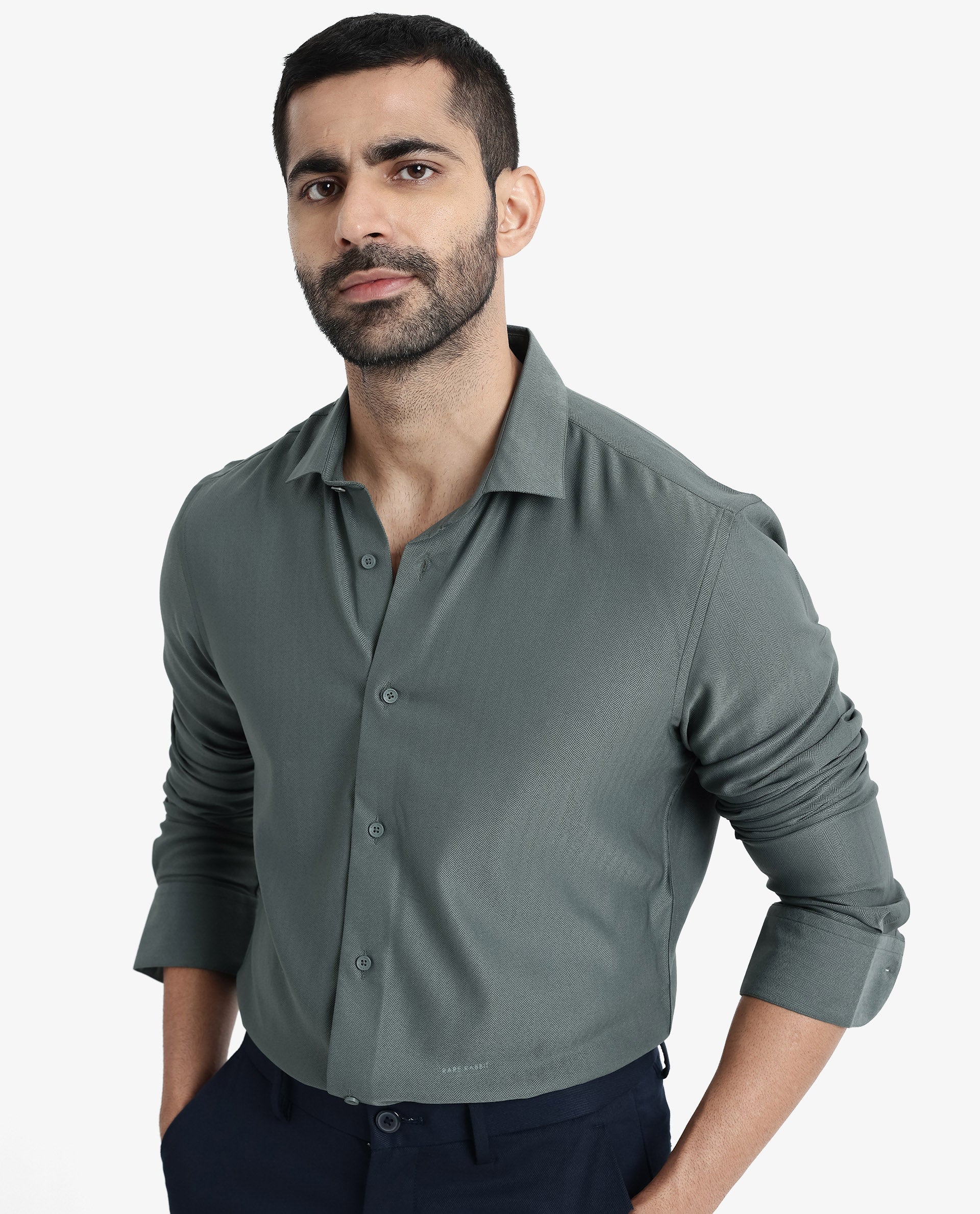 Rare Rabbit Men's Mer Dusky Green Viscose Plain Regular Fit Full Sleeve Collared Shirt
