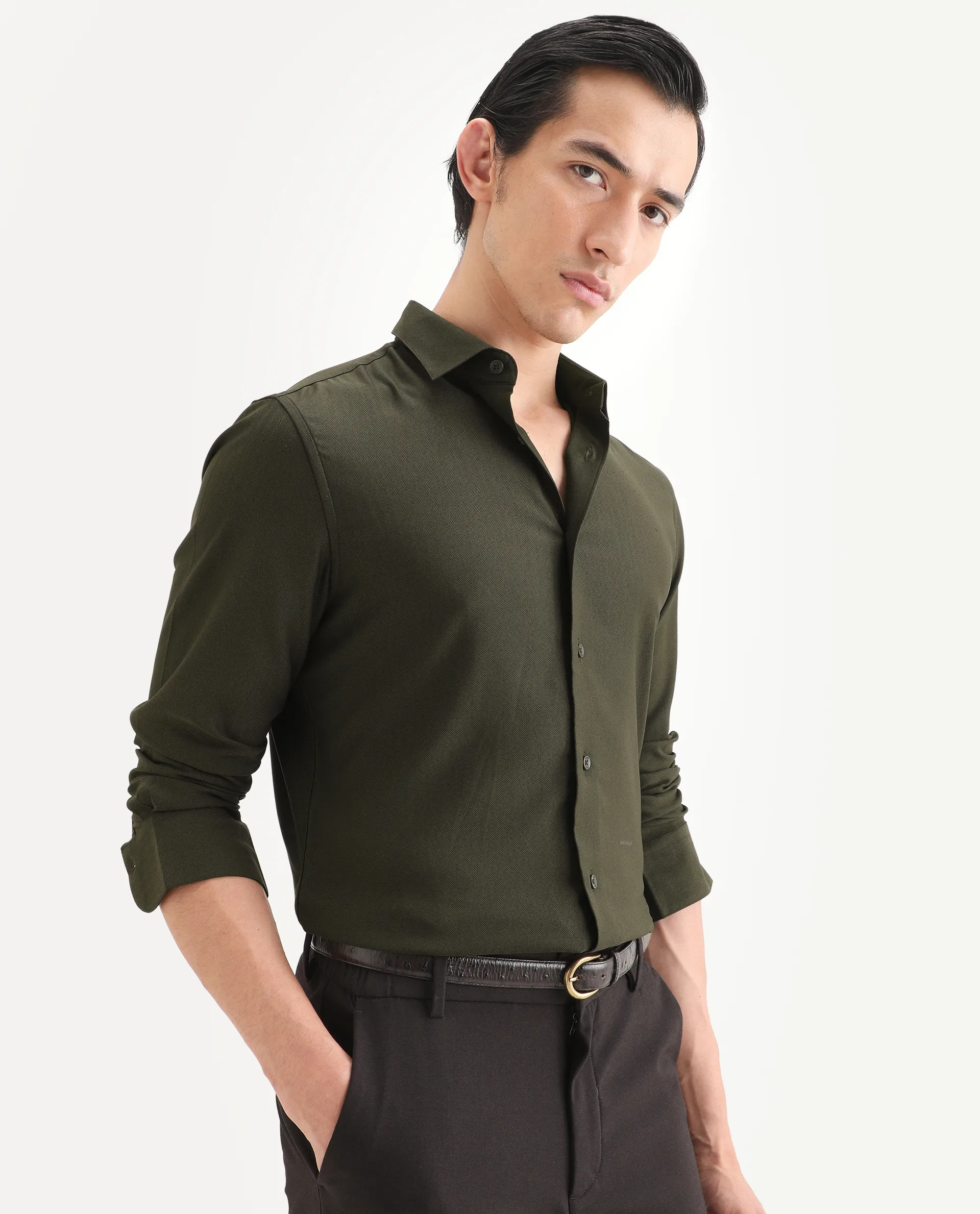 Rare Rabbit Men's Mer-Ss26 Dark Olive Viscose Blend Fabric Full Sleeve Spread Collar Regular Fit Plain Shirt