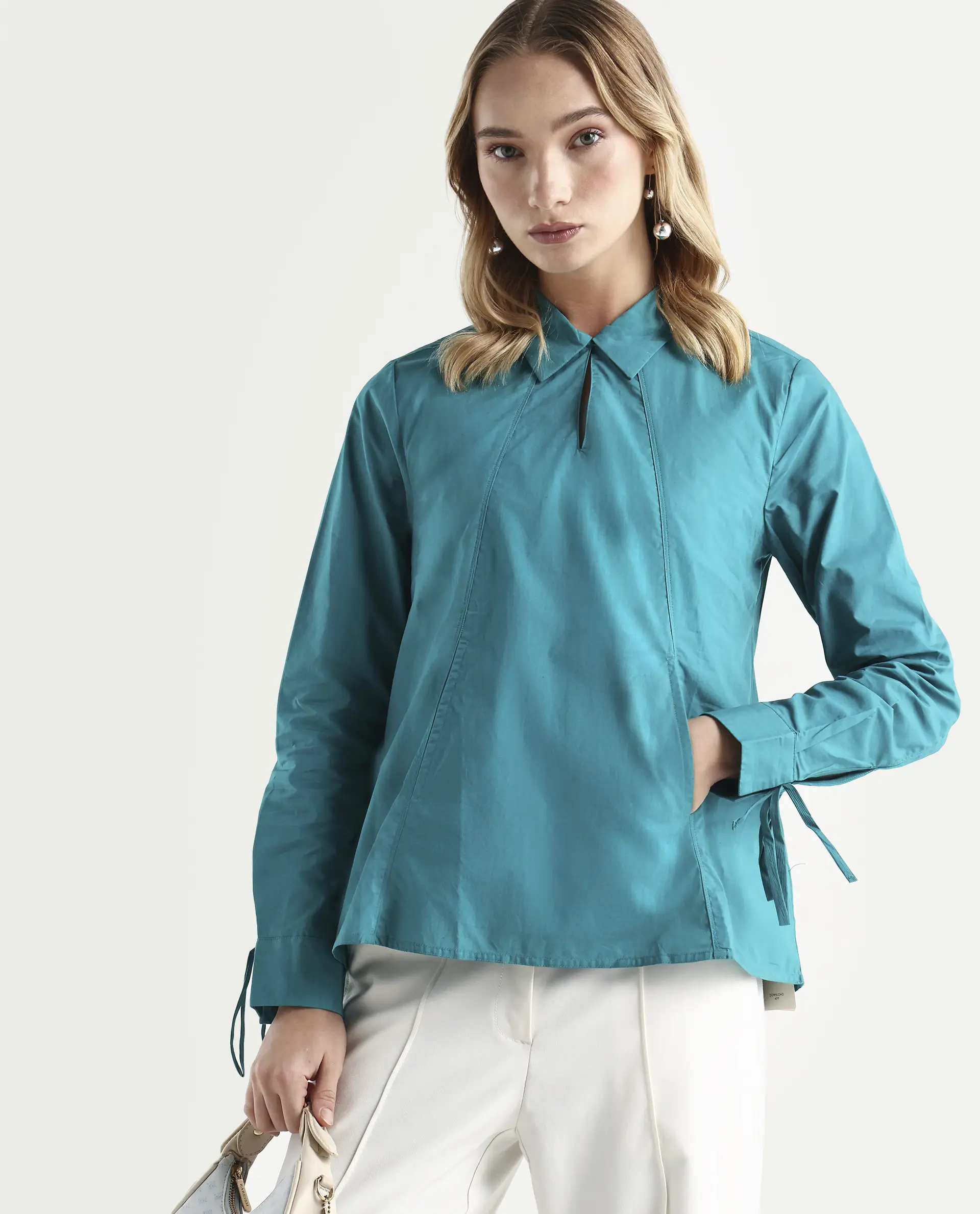 Rareism Women's Merge Petrol Cotton Spread Collar Plain Tailored Top