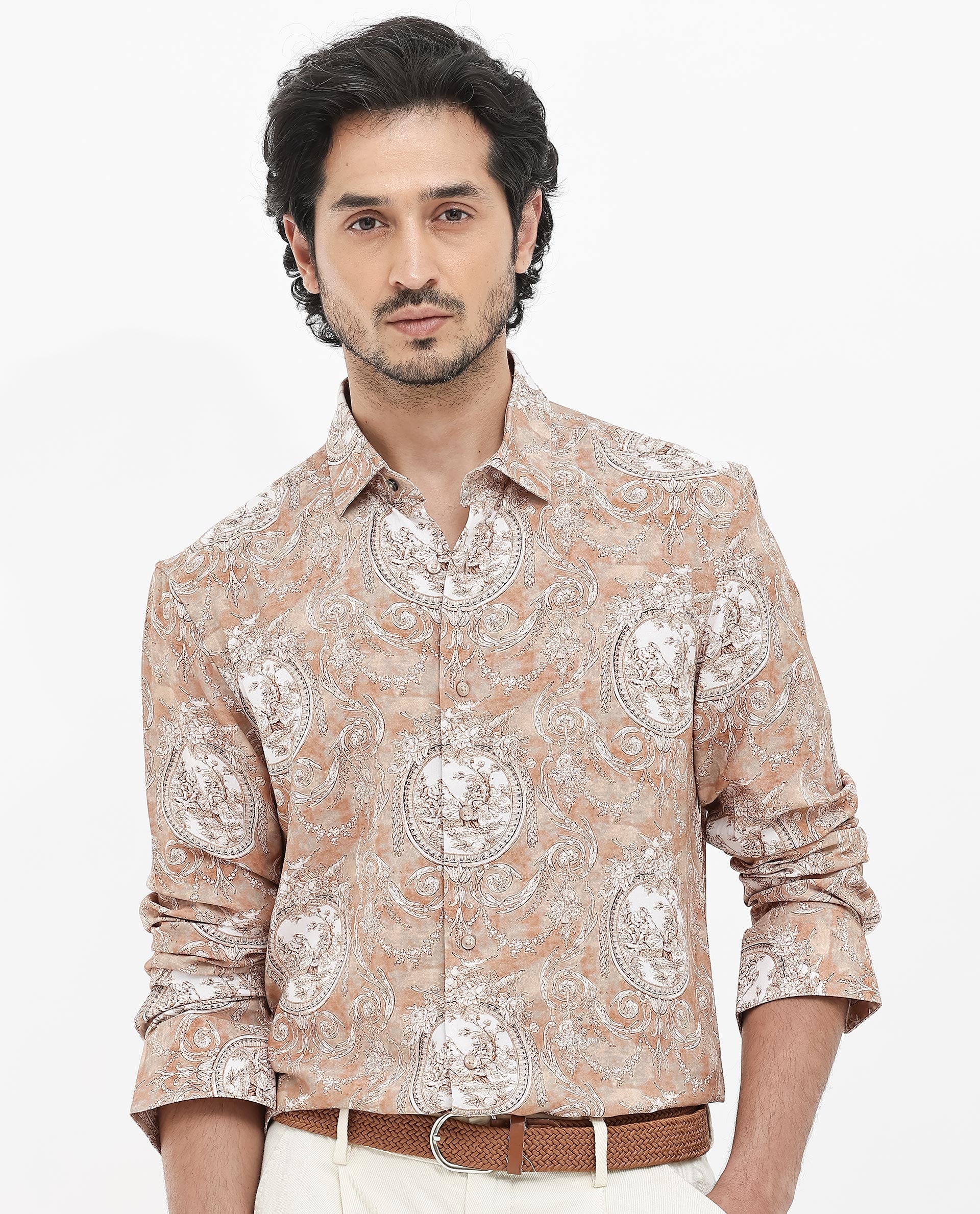 Rare Rabbit Men's Meridin Beige Viscose Decorative Print Regular Fit Full Sleeve Collared Shirt