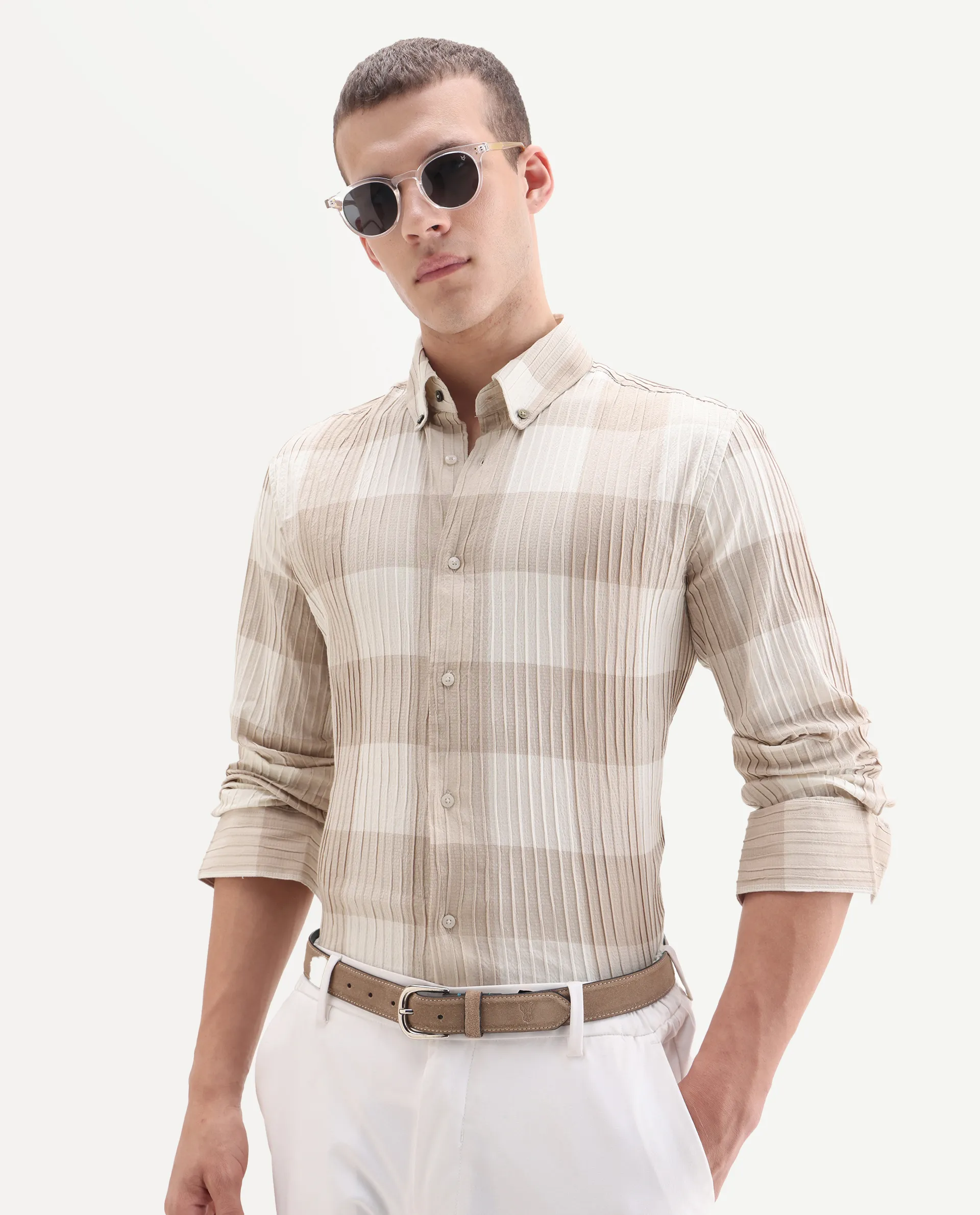 Rare Rabbit Men's Mew Brown Cotton Checked Print Regular Fit Full Sleeve Button-Down Collar Shirt