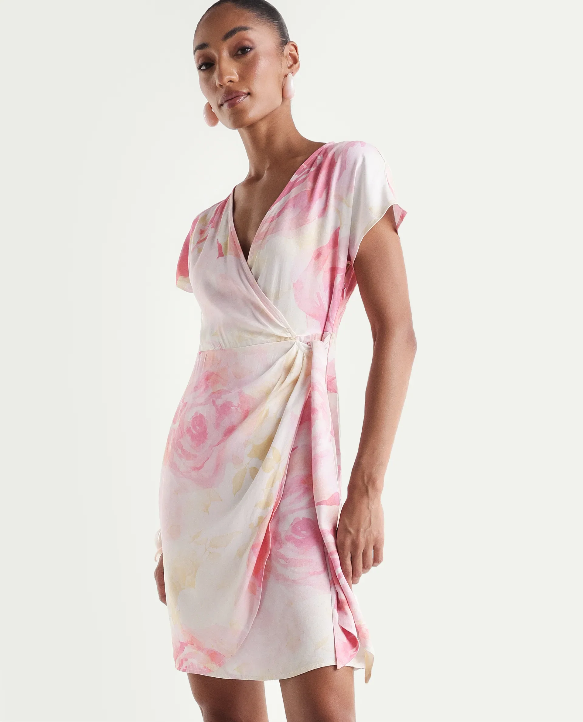 Rareism Women's Meya Off White Viscose Satin Half Sleeve V-Neck Floral Print Dress