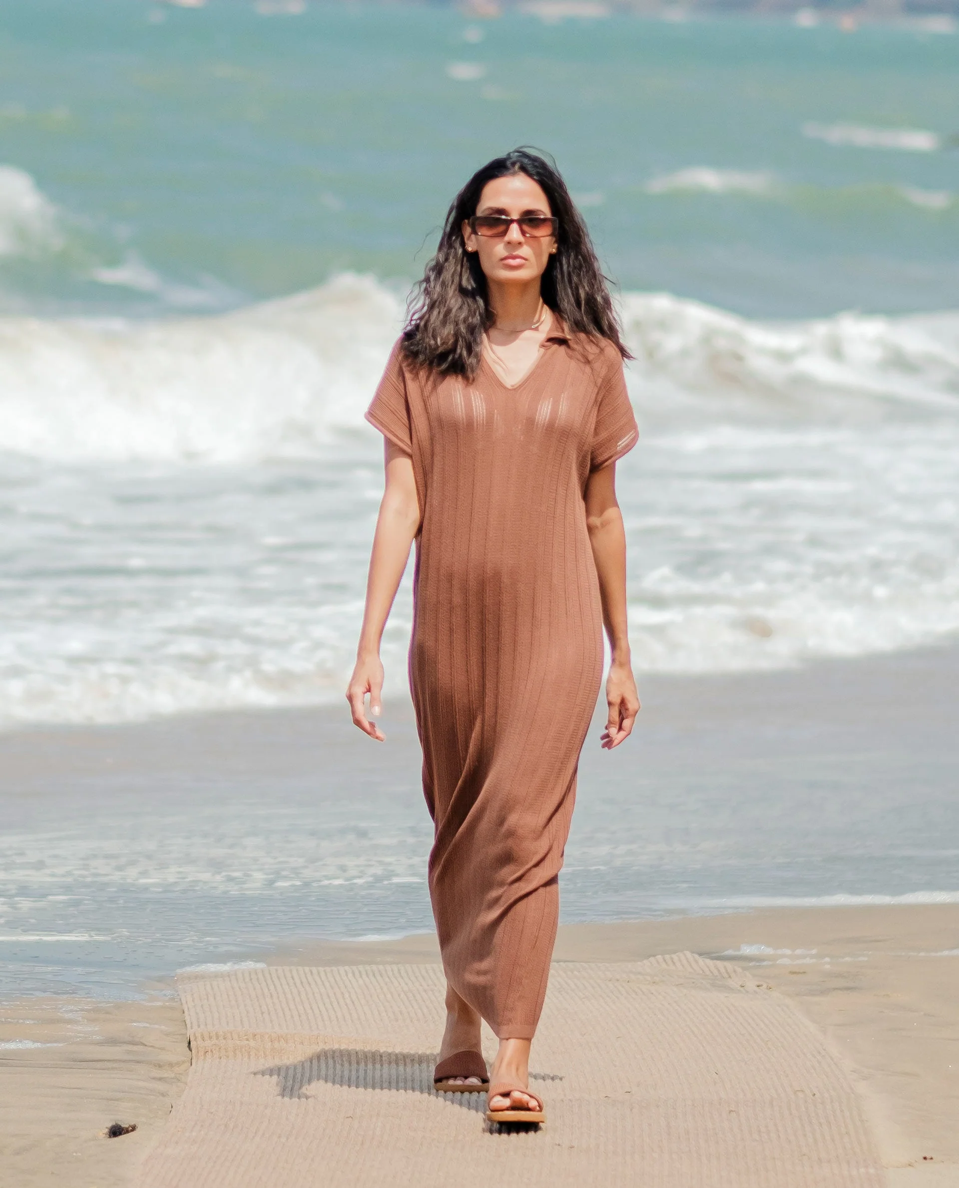 Rareism Women's Meyora Brown Cotton V-Neck Striped Maxi Relaxed Fit Dress