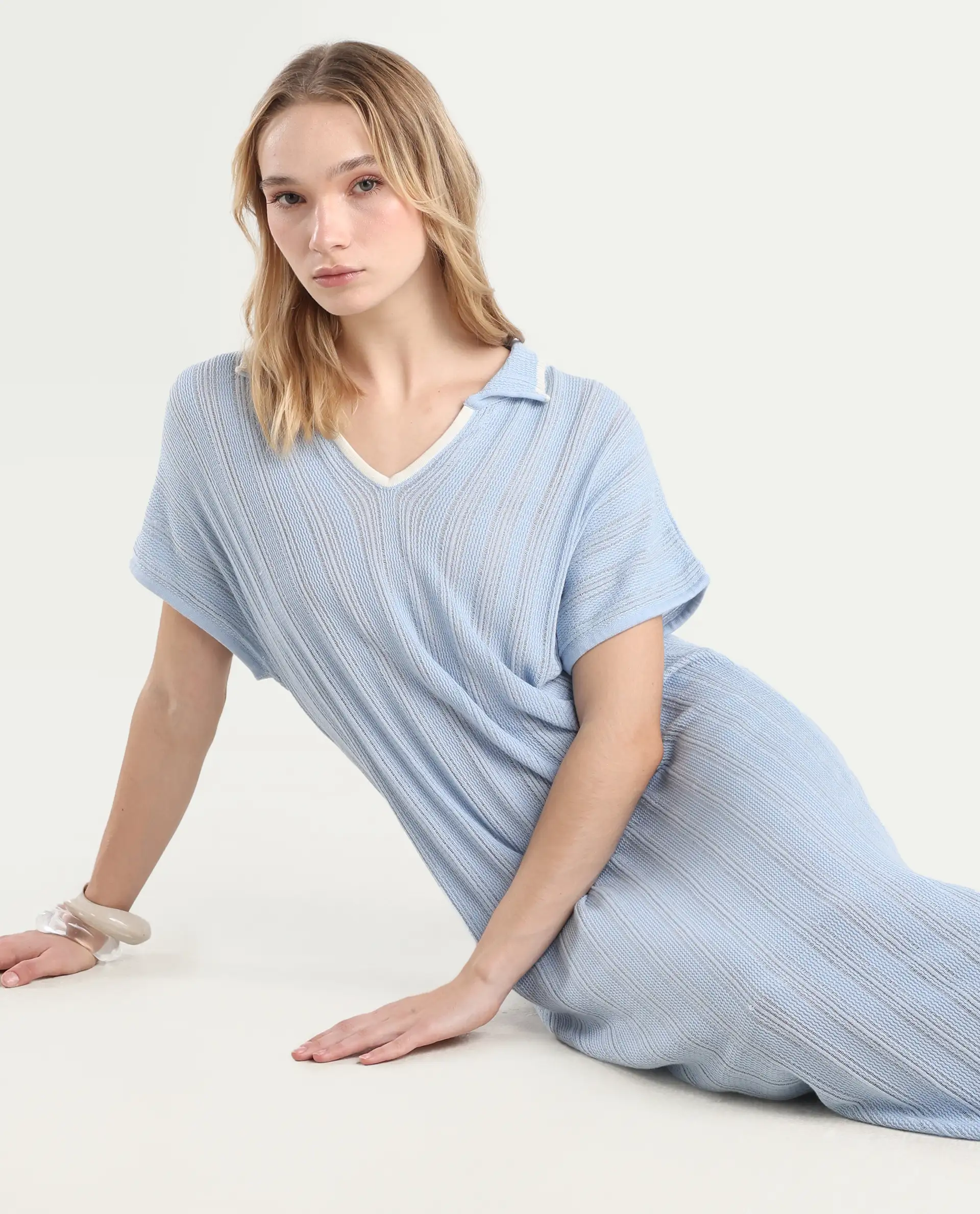 Rareism Women's Meyora Light Blue Cotton Johnny Collar Plain Extended Sleeves Maxi Bodycon Dress