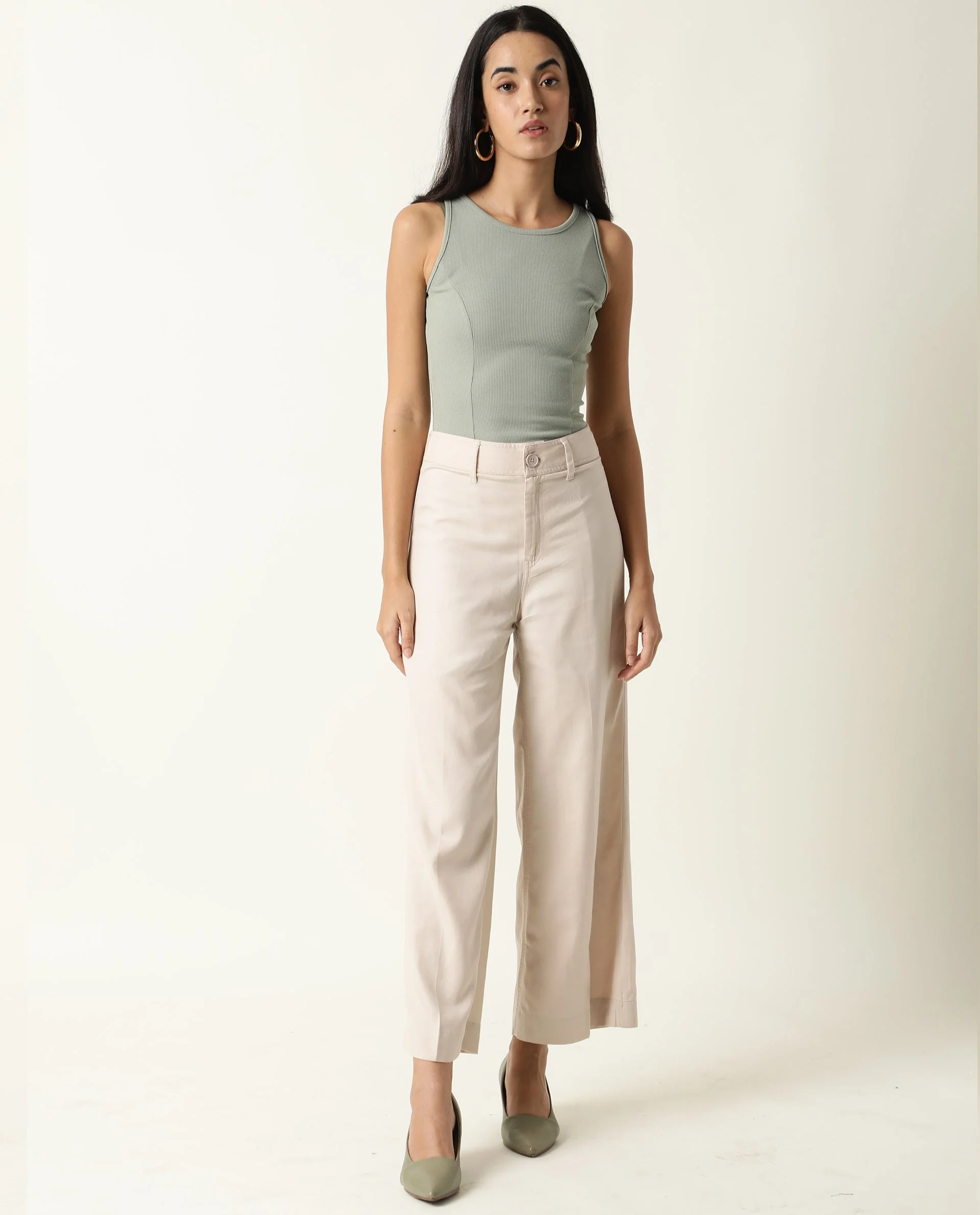 Rareism Women's Micky Beige Cotton Blend Plain Ankle Length Tailored Trouser