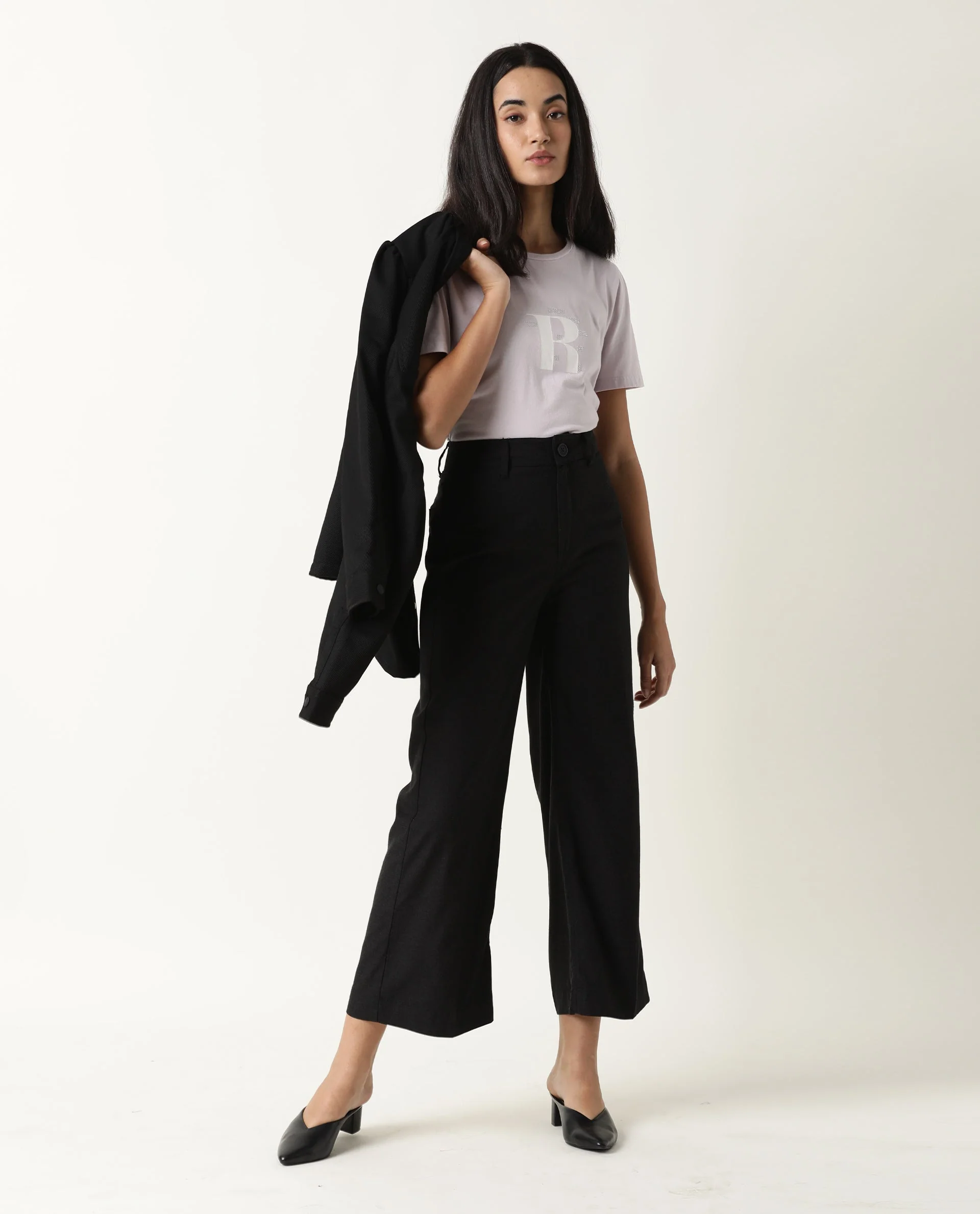 Rareism Women's Micky Black Cotton Blend Plain Ankle Length Tailored Trouser