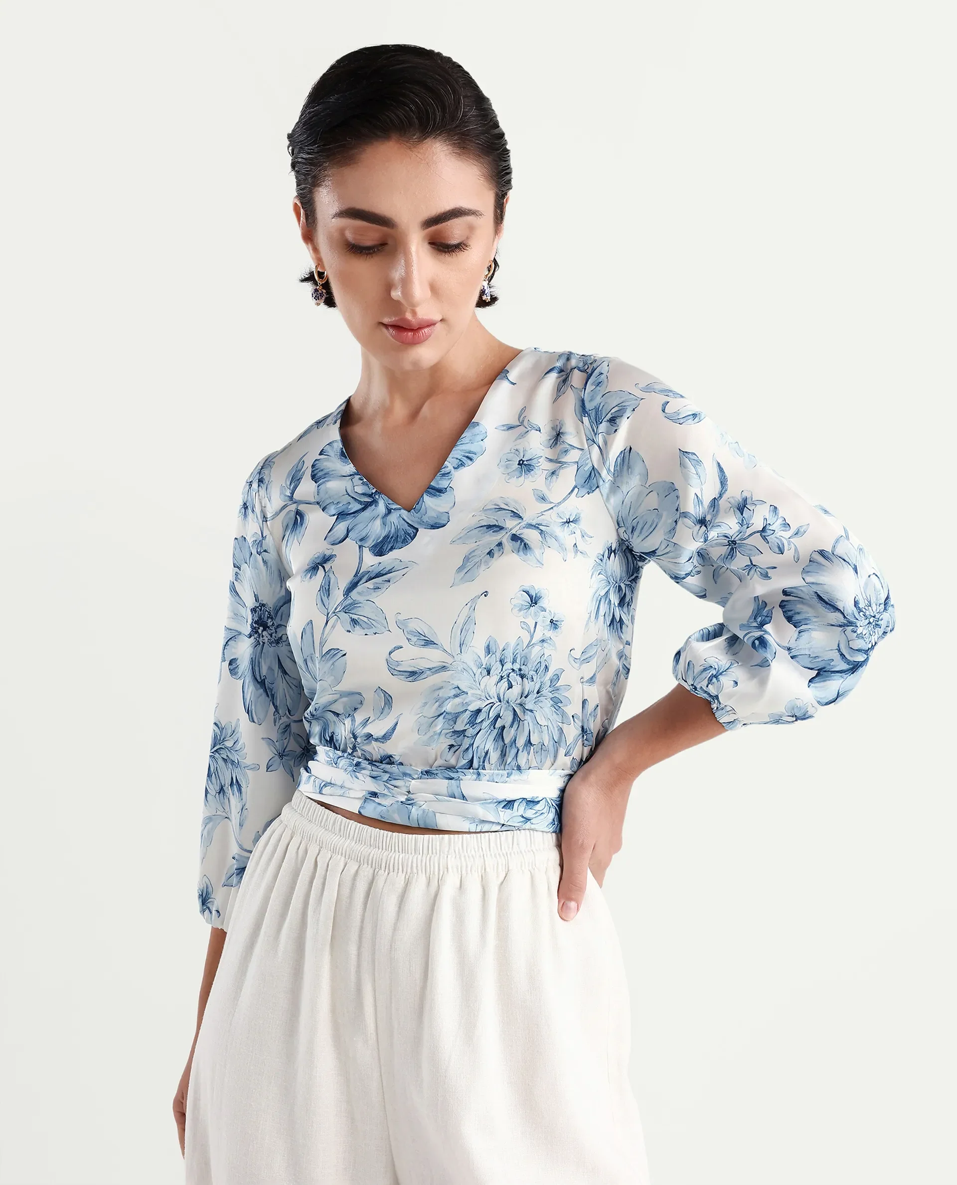 Rareism Women's Milan Light Satin V-Neck Floral Print Bell Sleeve Crop Regular Fit Top