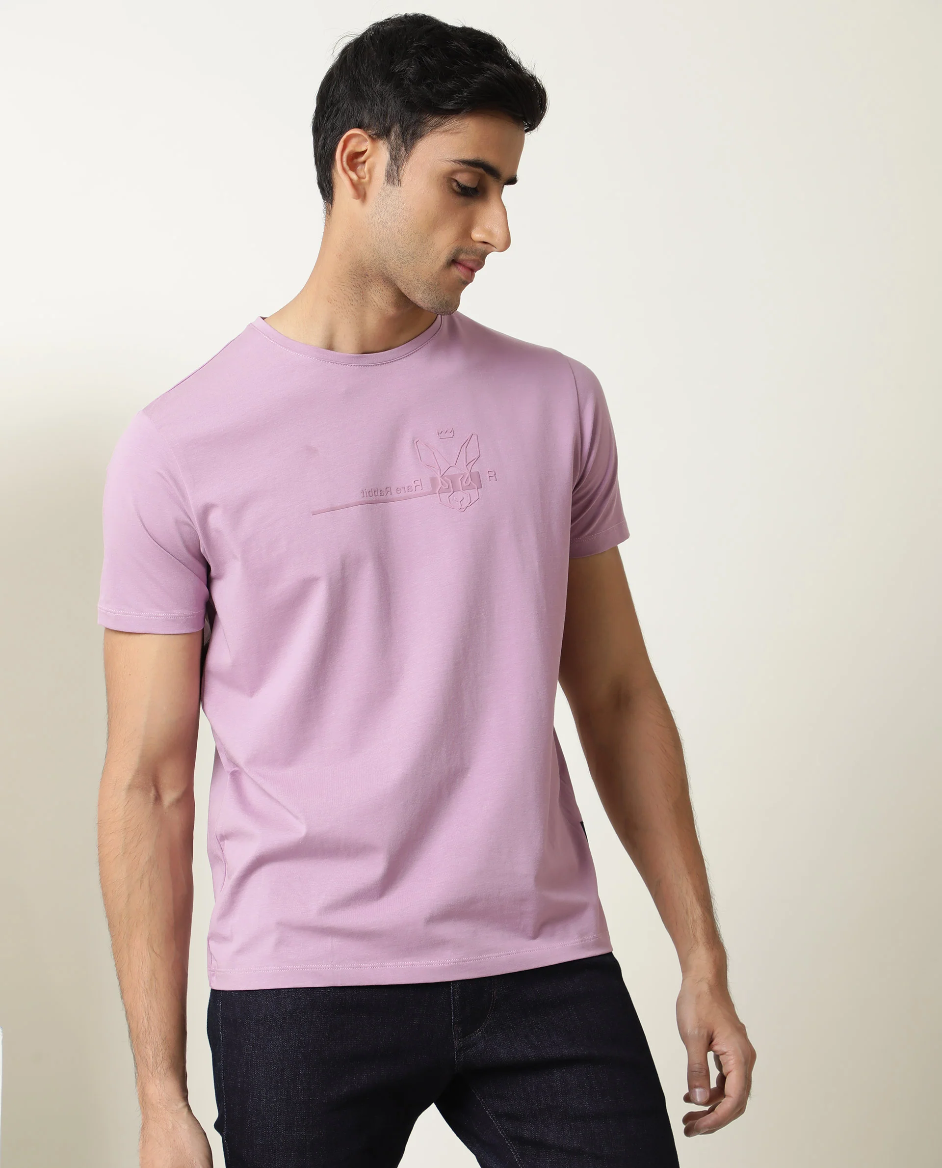 Rare Rabbit Men's Milton Pink Cotton Graphic Print Slim Fit Half Sleeve Crew Neck T-Shirt