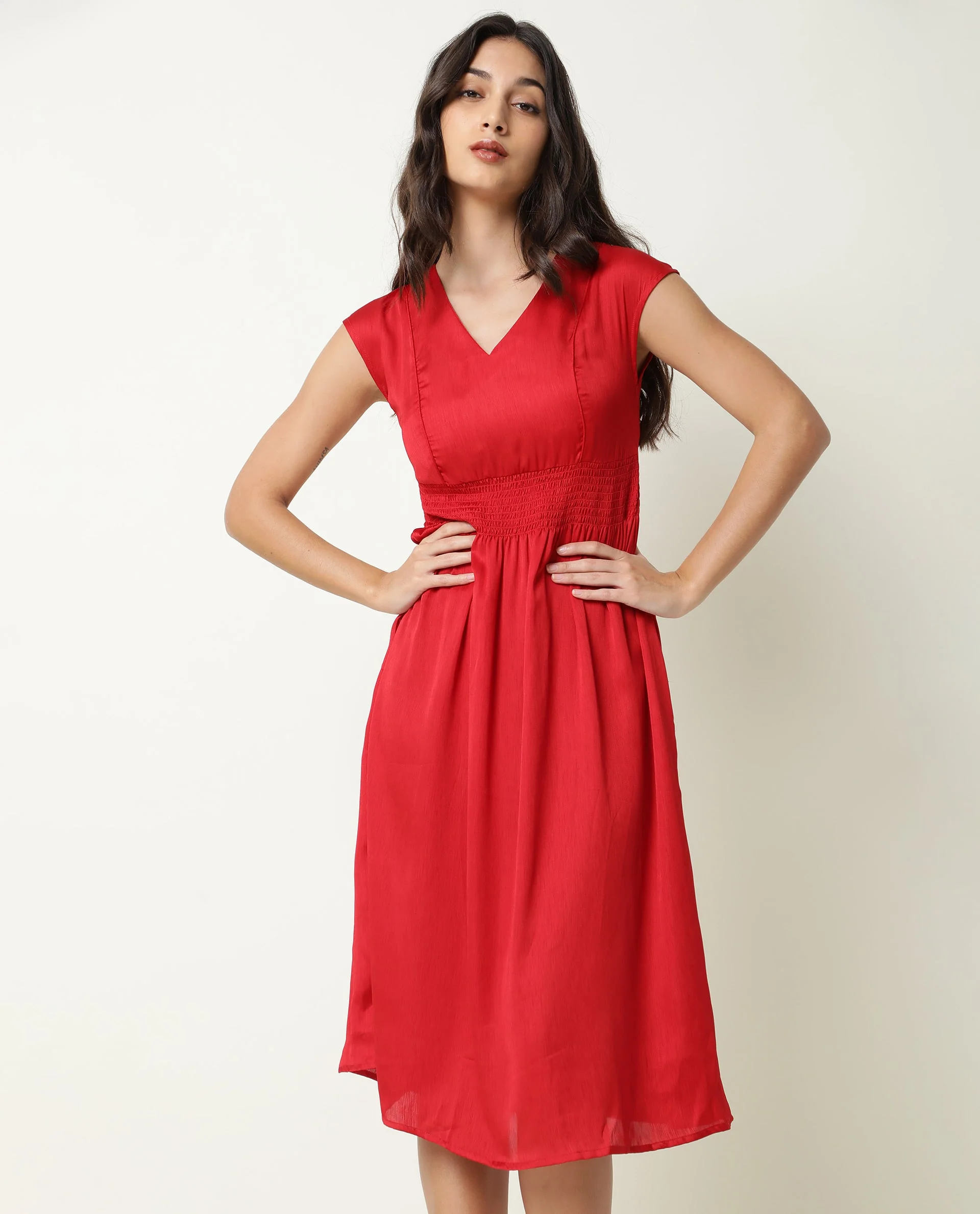Rareism Women's Milux Red V-Neck Plain Sleeveless Knee Length Regular Fit Dress