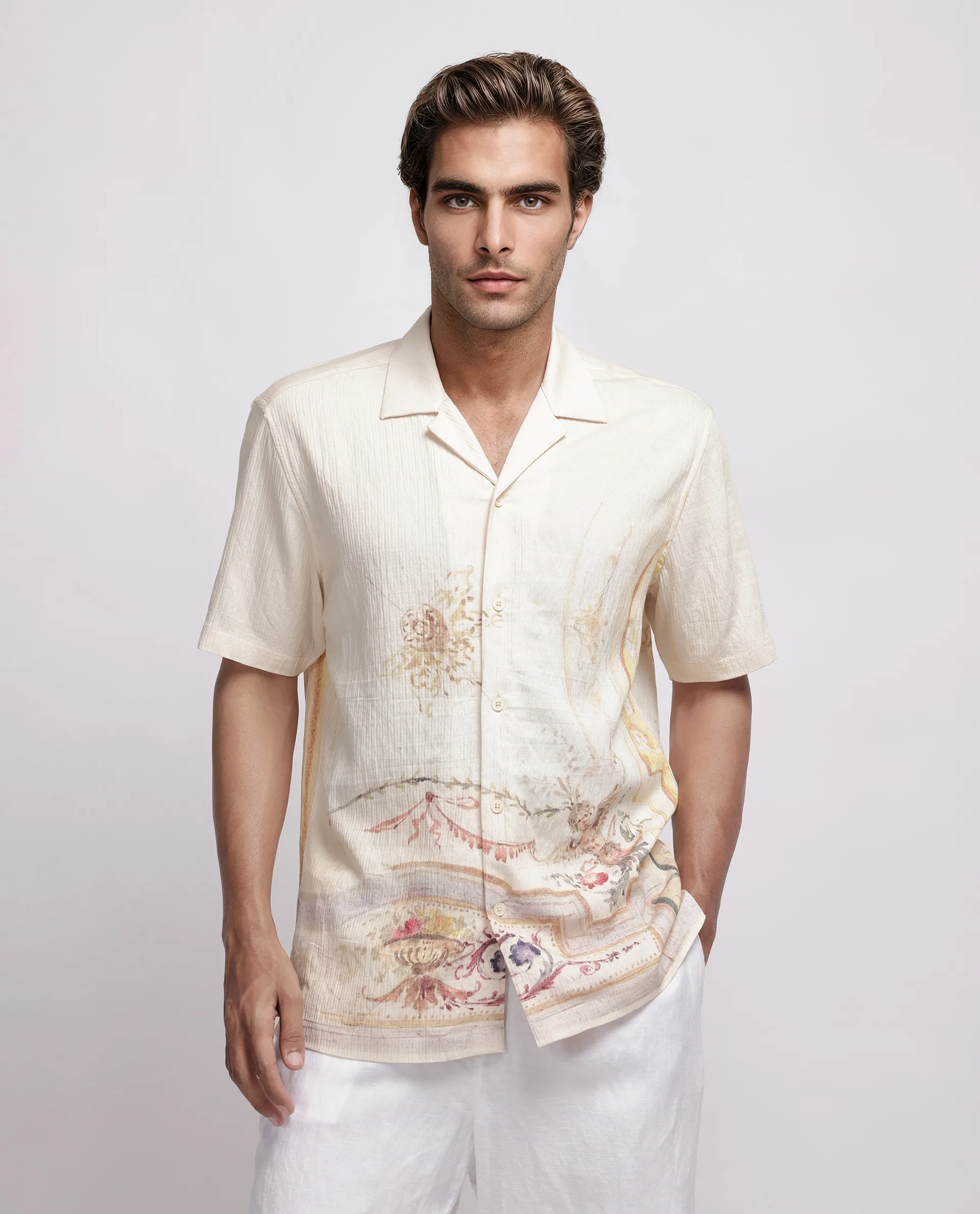 Rare Rabbit Men's Mio Beige Viscose Blend Placement Print Boxy Fit Half Sleeve Cuban Collar Shirt