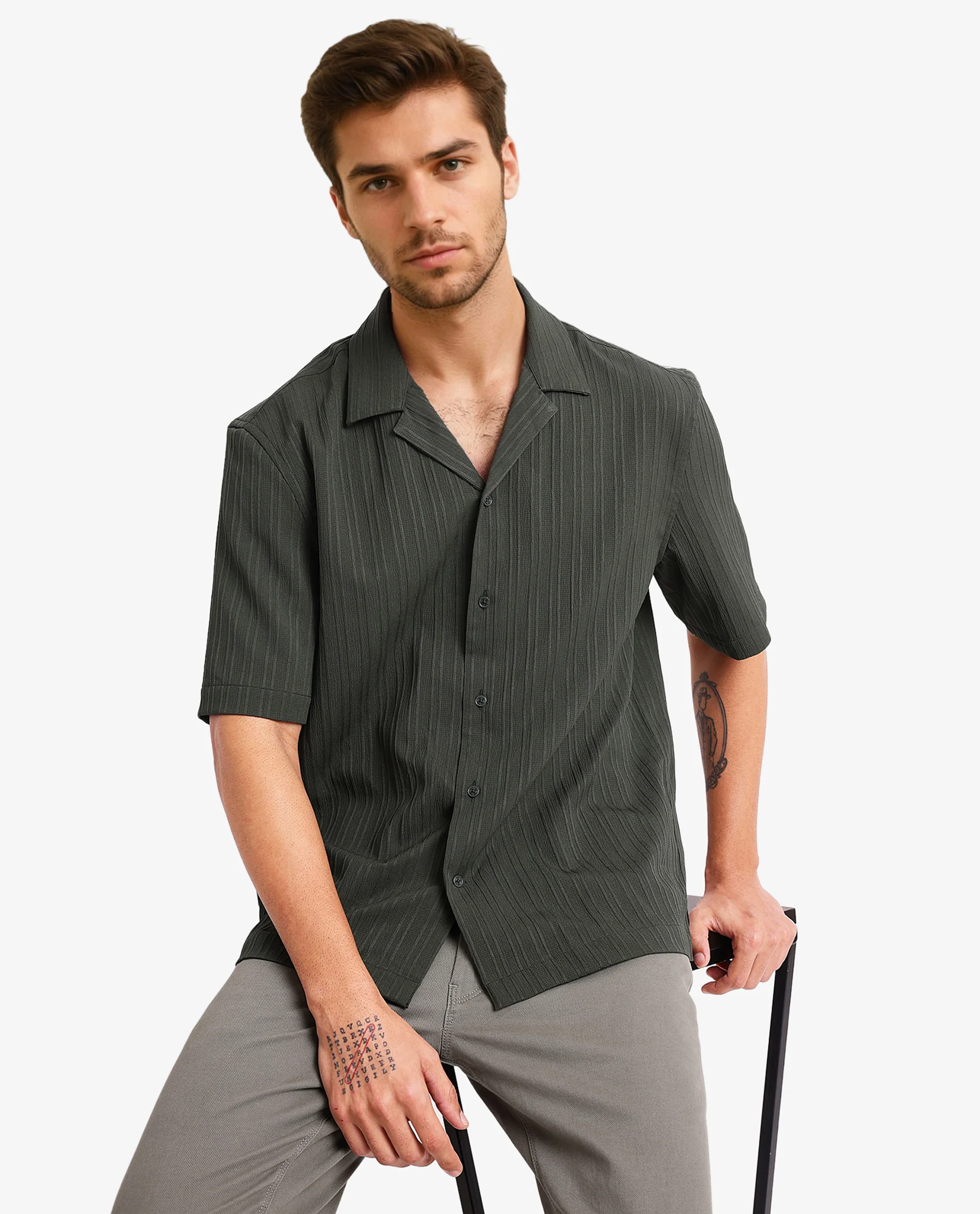 Rare Rabbit Men's Mirtilo Dark Green Polyester Striped Print Boxy Fit Half Sleeve Cuban Collar Shirt
