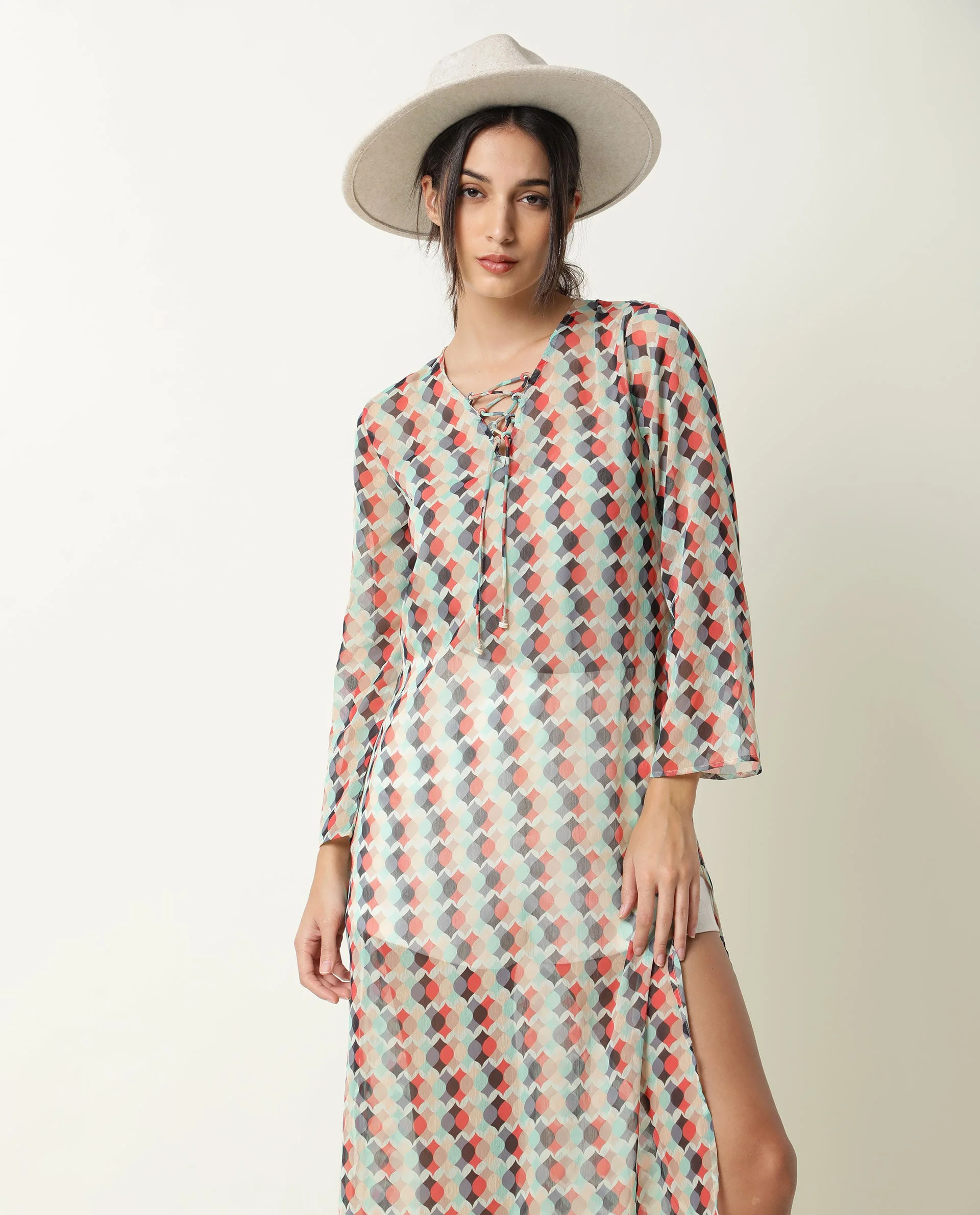 Rareism Women's Mirun Multi Tie-Up Neck Abstract Print Knee Length Regular Fit Dress