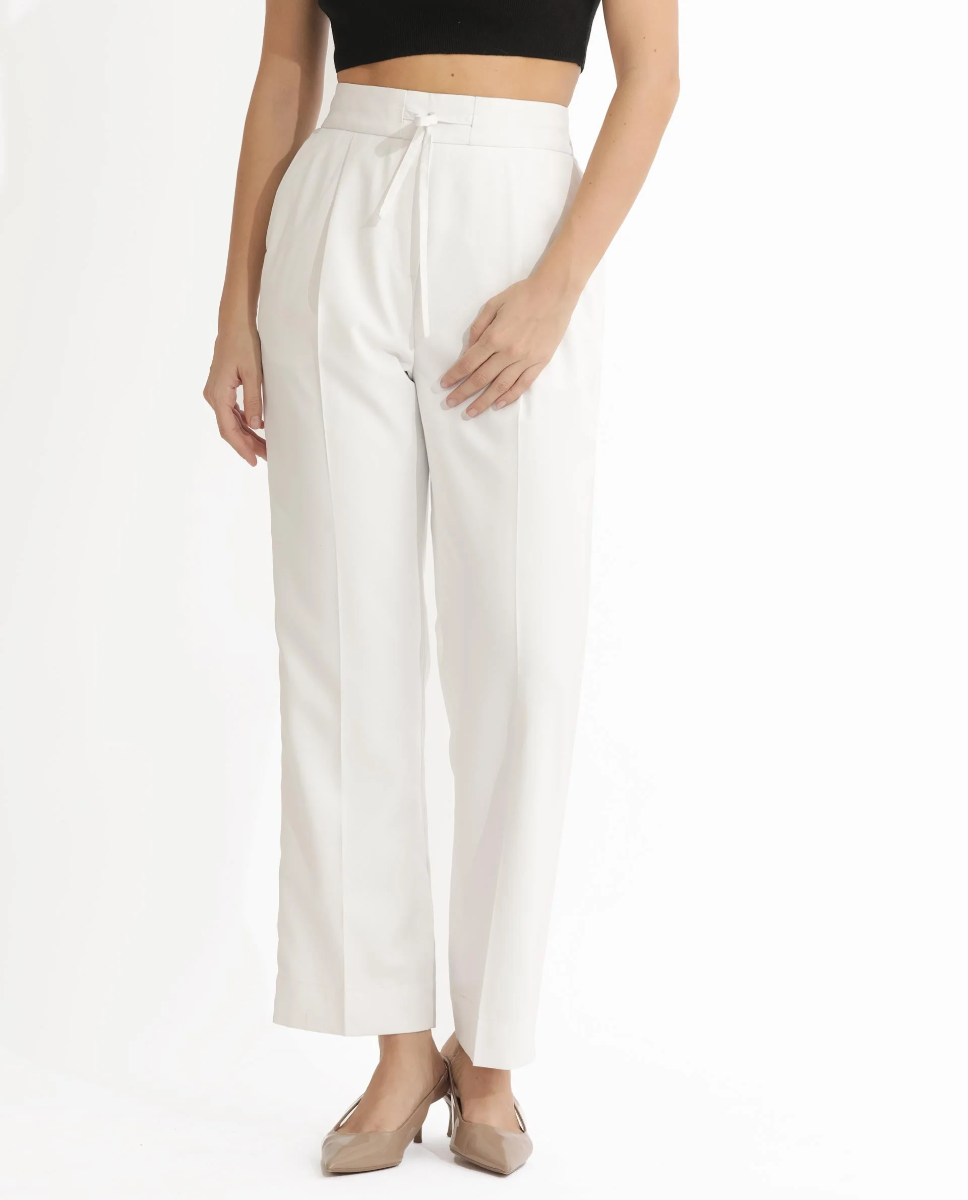 Rareism Women's Miza Off White Cotton Plain Ankle Length Straight Fit Trouser