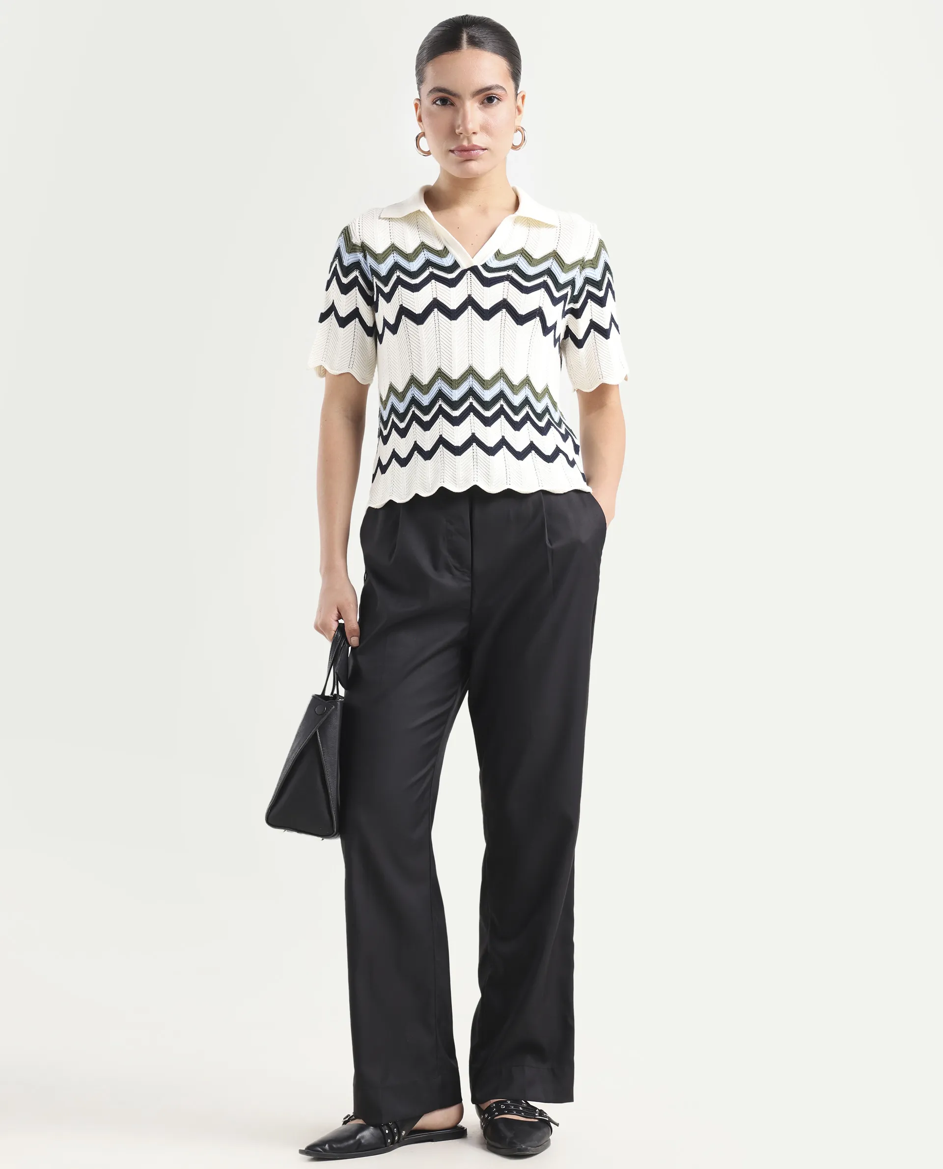 Rareism Women's Miza Black Cotton Plain Ankle Length Straight Fit Trouser