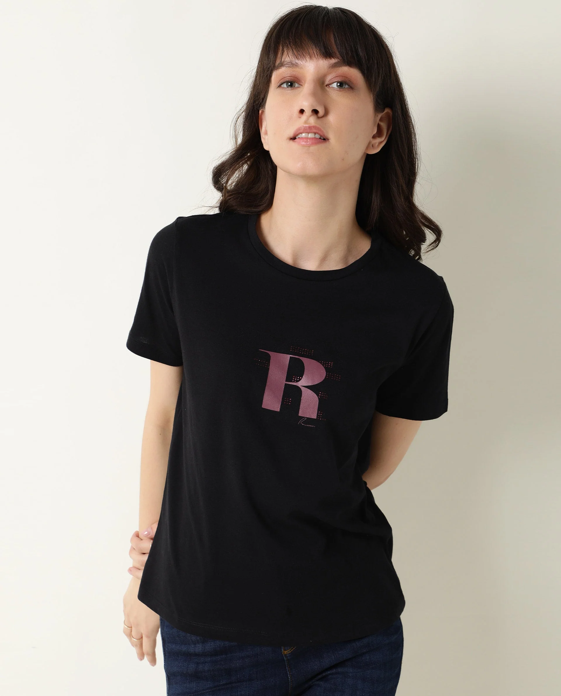 Rareism Women's Moes Black Cotton Crew Neck Geometric Print Regular Fit T-Shirt