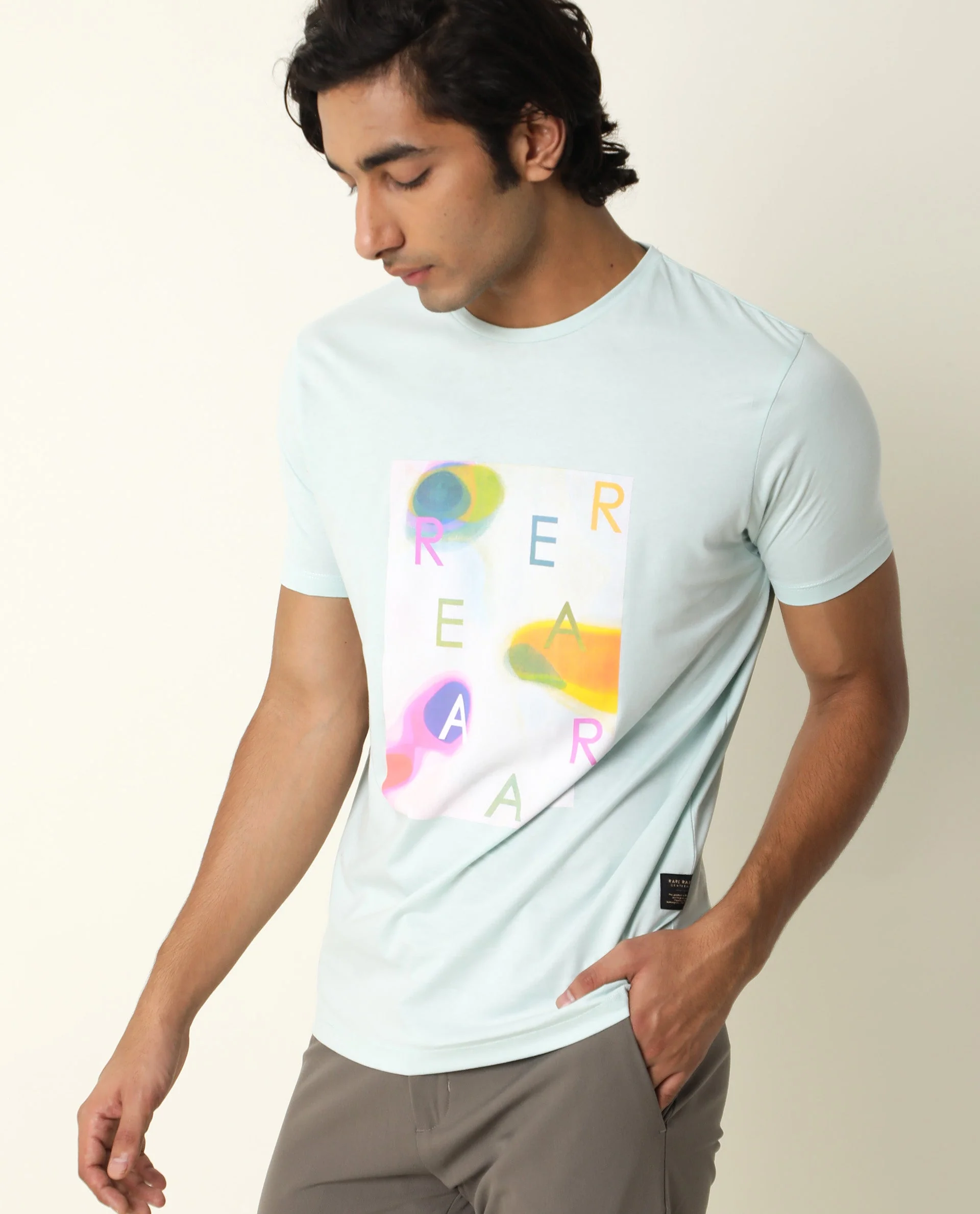 Rare Rabbit Men's Monc Blue Cotton Graphic Print Slim Fit Half Sleeve Crew Neck T-Shirt