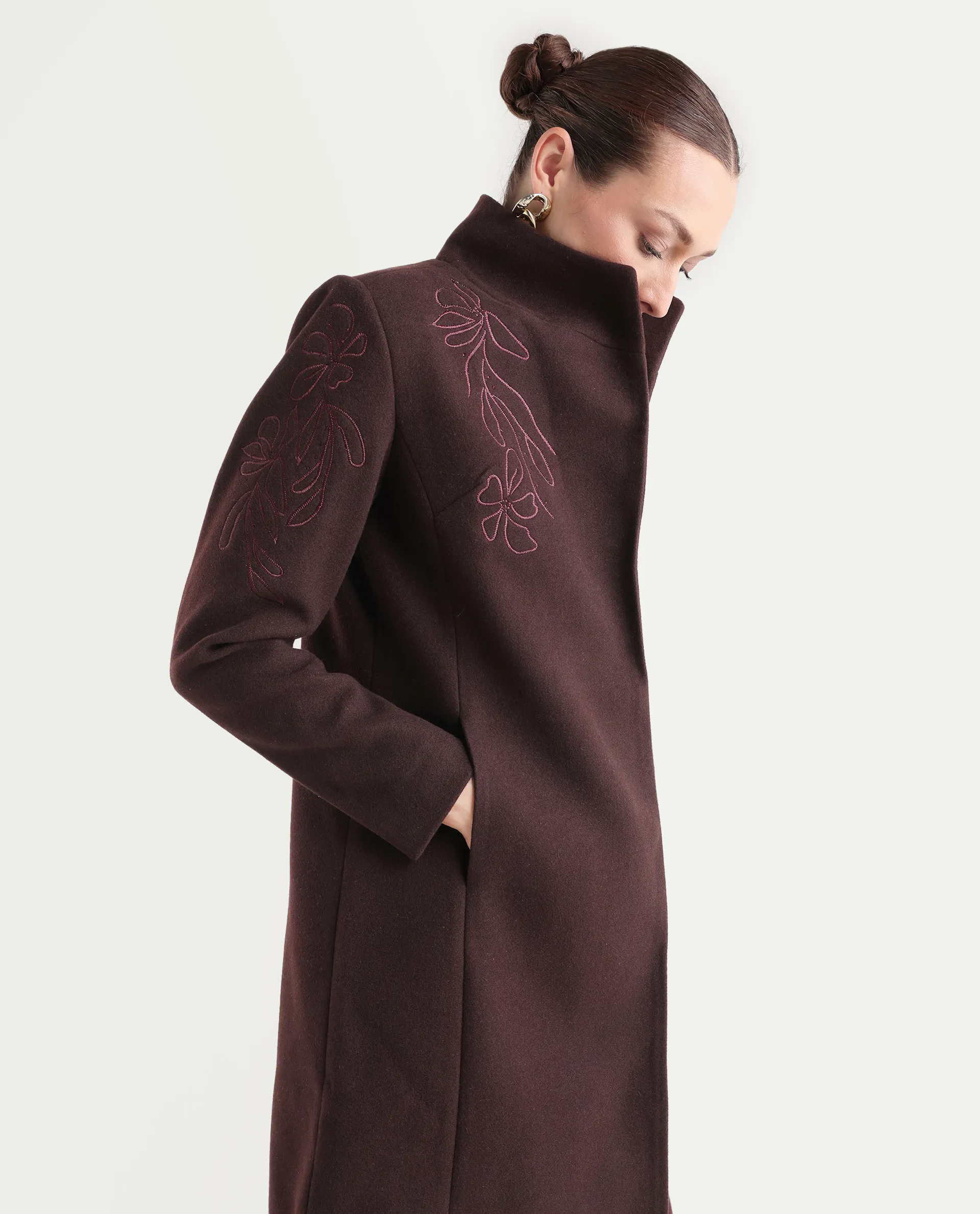 Rareism Women's Monchy Prune Polyester Blend High Neck Regular Fit Coat